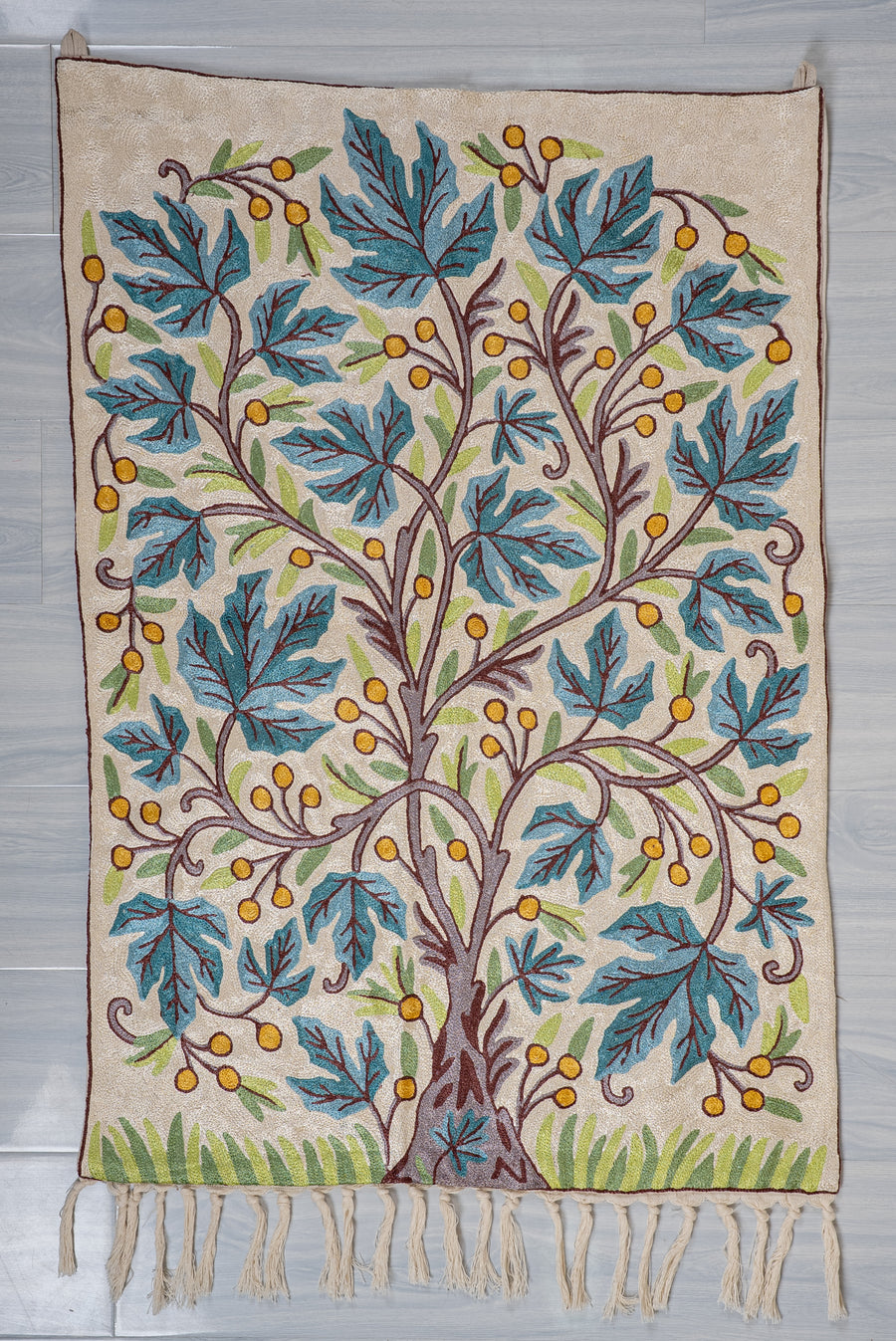3ft x 2ft Verdant Blossom Canopy: Hand Aari Embroidered chain stitch rug