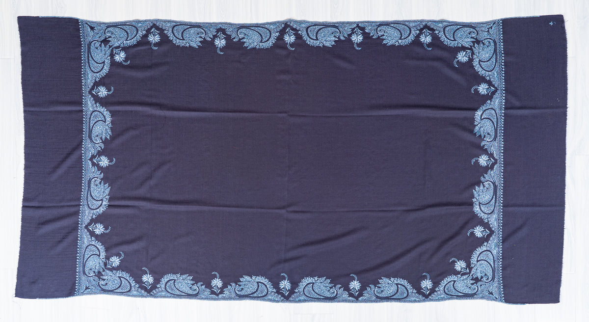 Twilight Navy Merino Wool Shawl with Blue Sozni Hand Embroidered Floral Paisleys