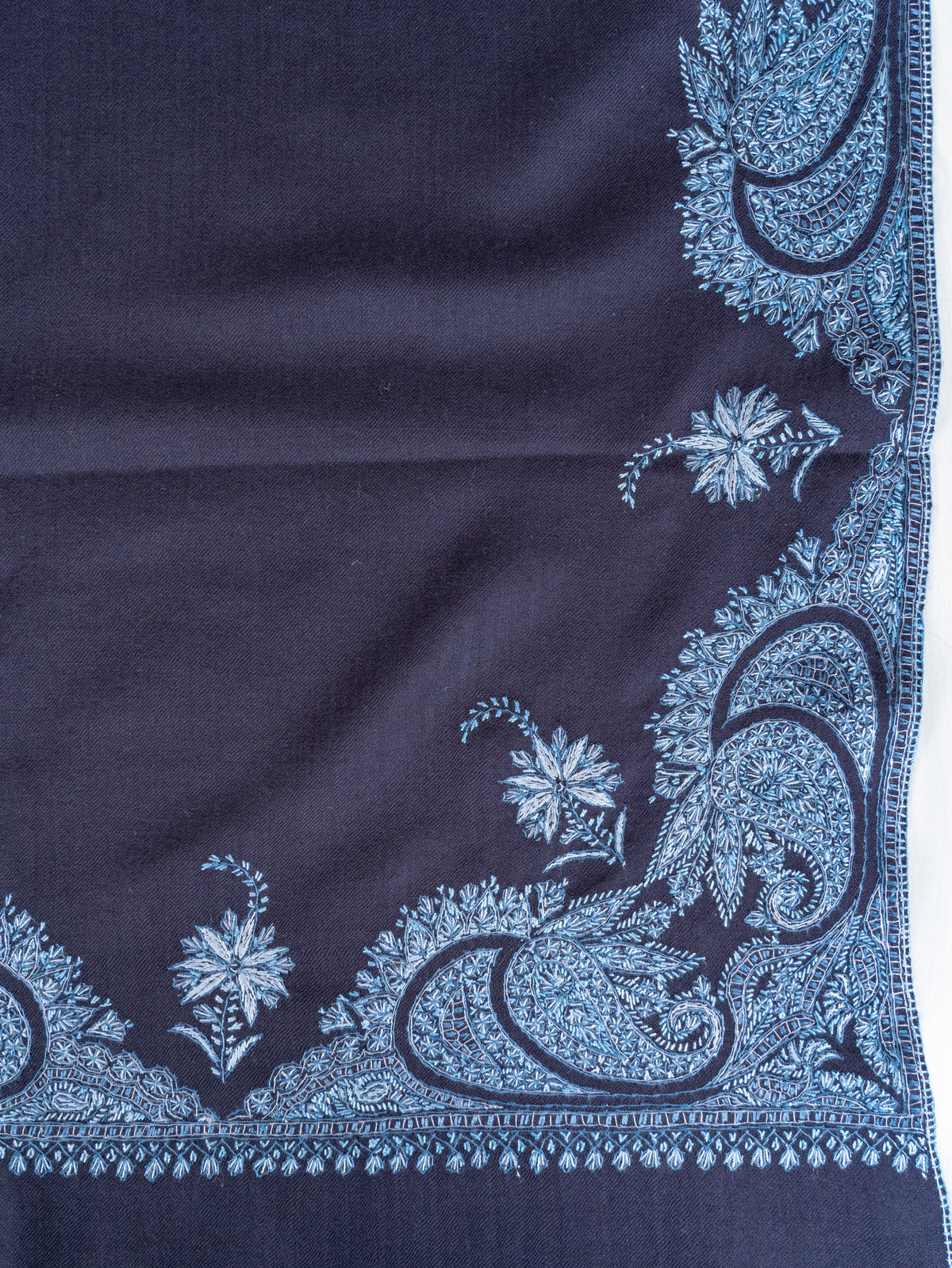 Twilight Navy Merino Wool Shawl with Blue Sozni Hand Embroidered Floral Paisleys