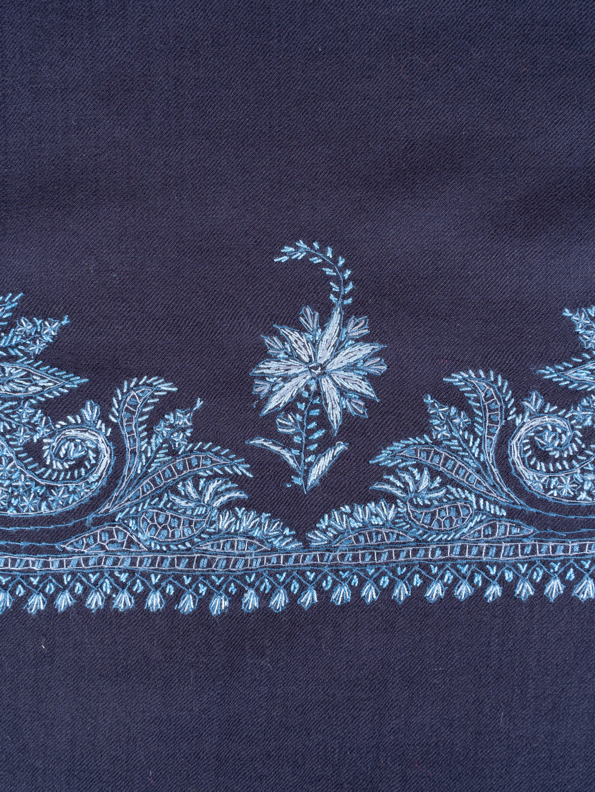 Twilight Navy Merino Wool Shawl with Blue Sozni Hand Embroidered Floral Paisleys