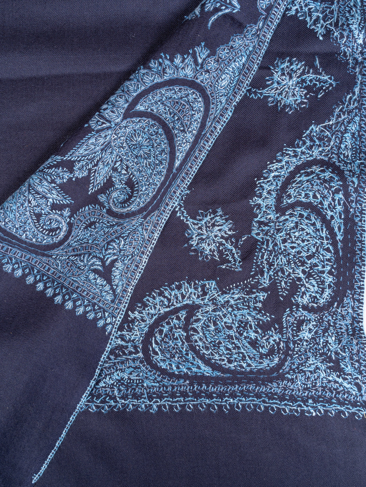 Twilight Navy Merino Wool Shawl with Blue Sozni Hand Embroidered Floral Paisleys