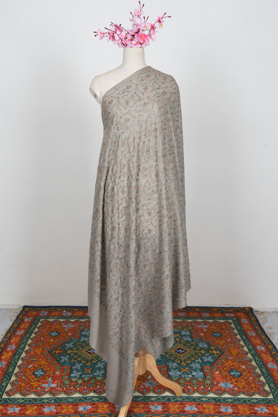 Misty Aqua Bloom: Merino wool 2.5 Yards Sozni Hand Embroidered Shawl
