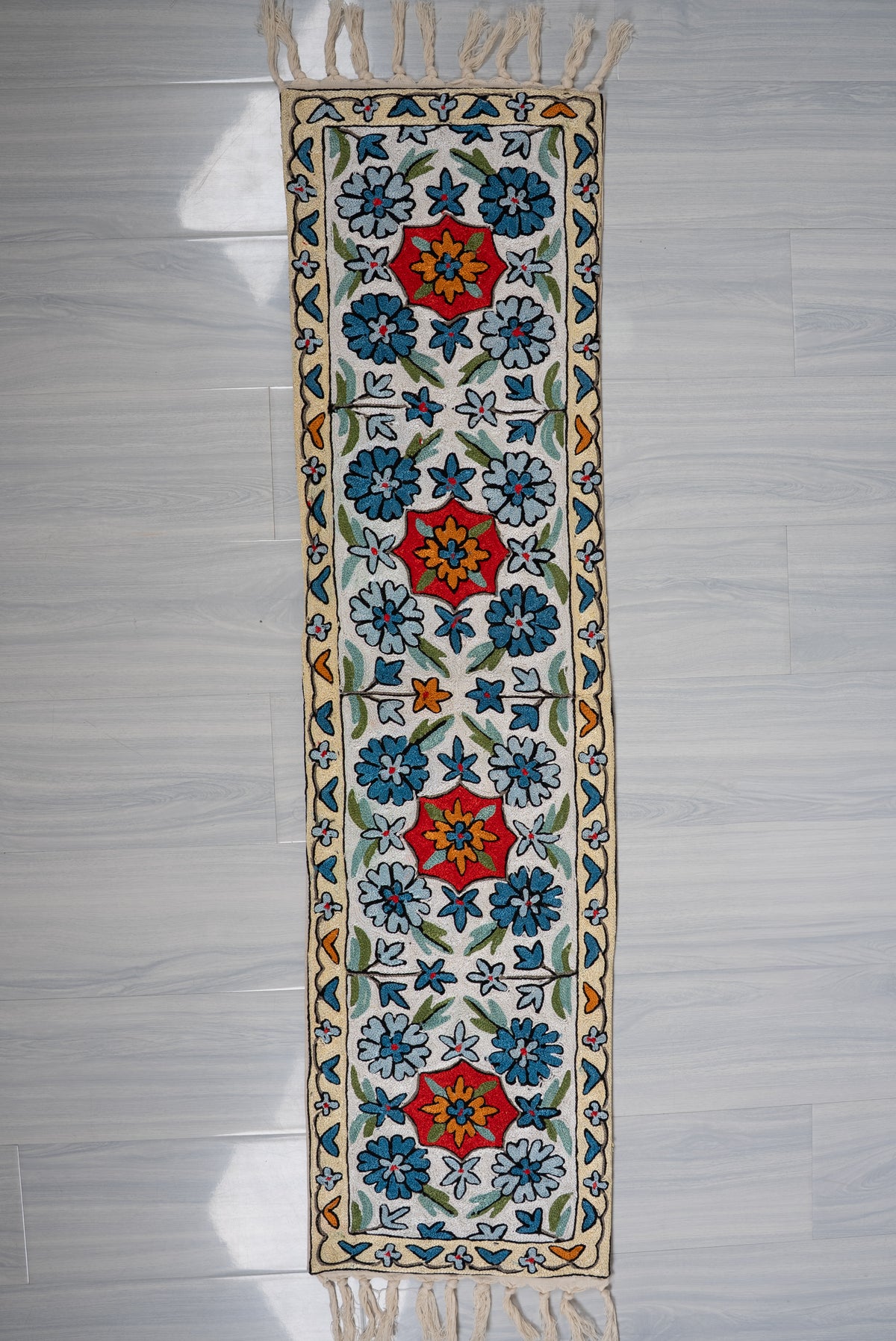 4ft x 1ft Azure Blossom Pathway: Hand Aari Embroidered chain stitch rug