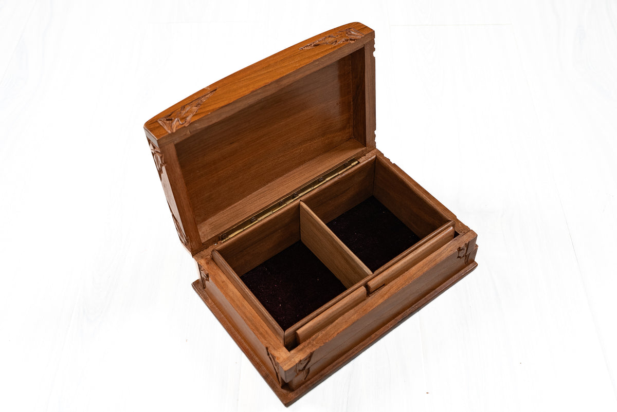8" x 5" x 3" Petal Crest Elegance: Hand Carved Walnut Wood Wooden Box
