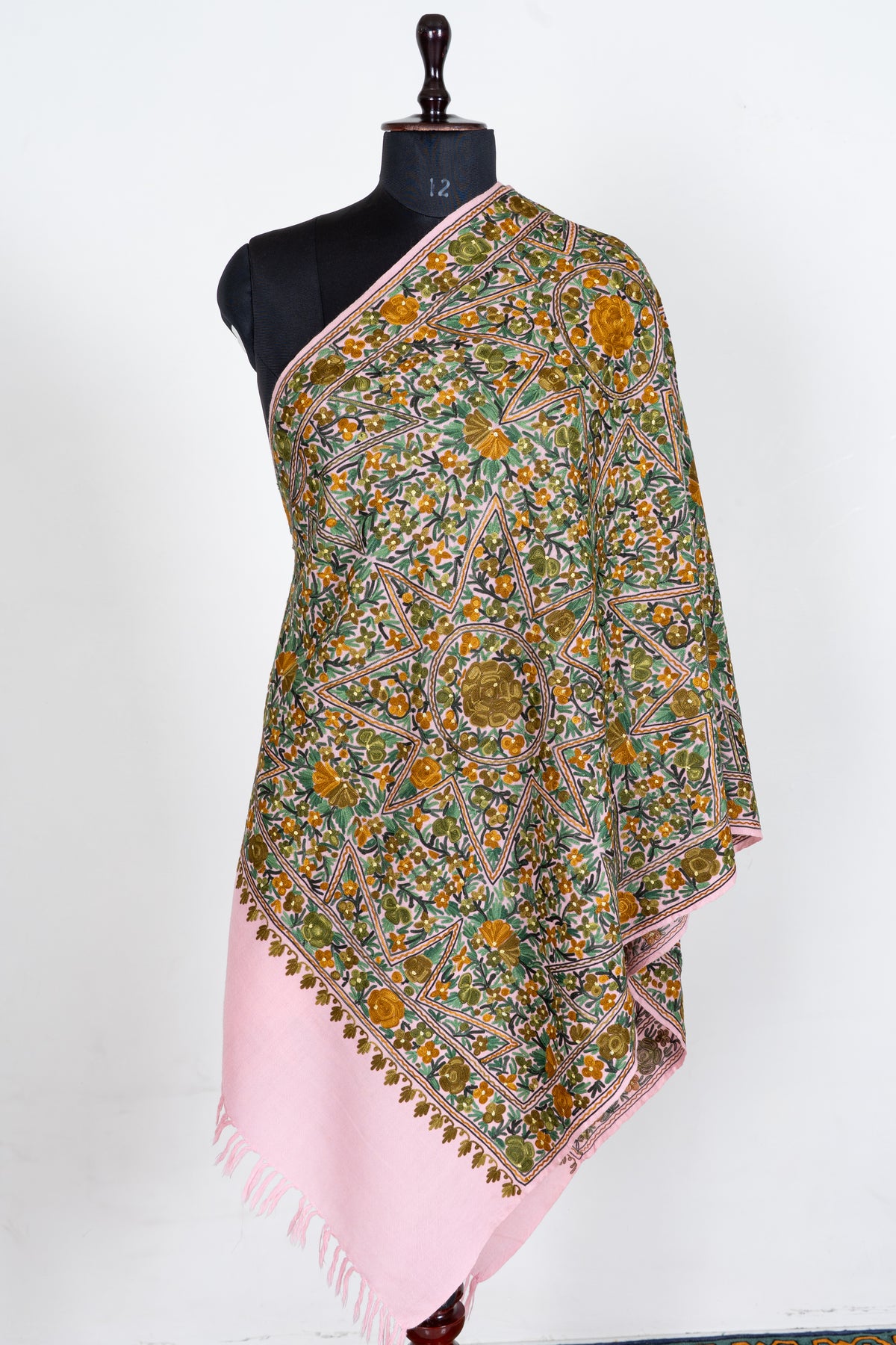 Blush Pink Merino Wool Scarf with Golden Garden Machine Aari Embroidered