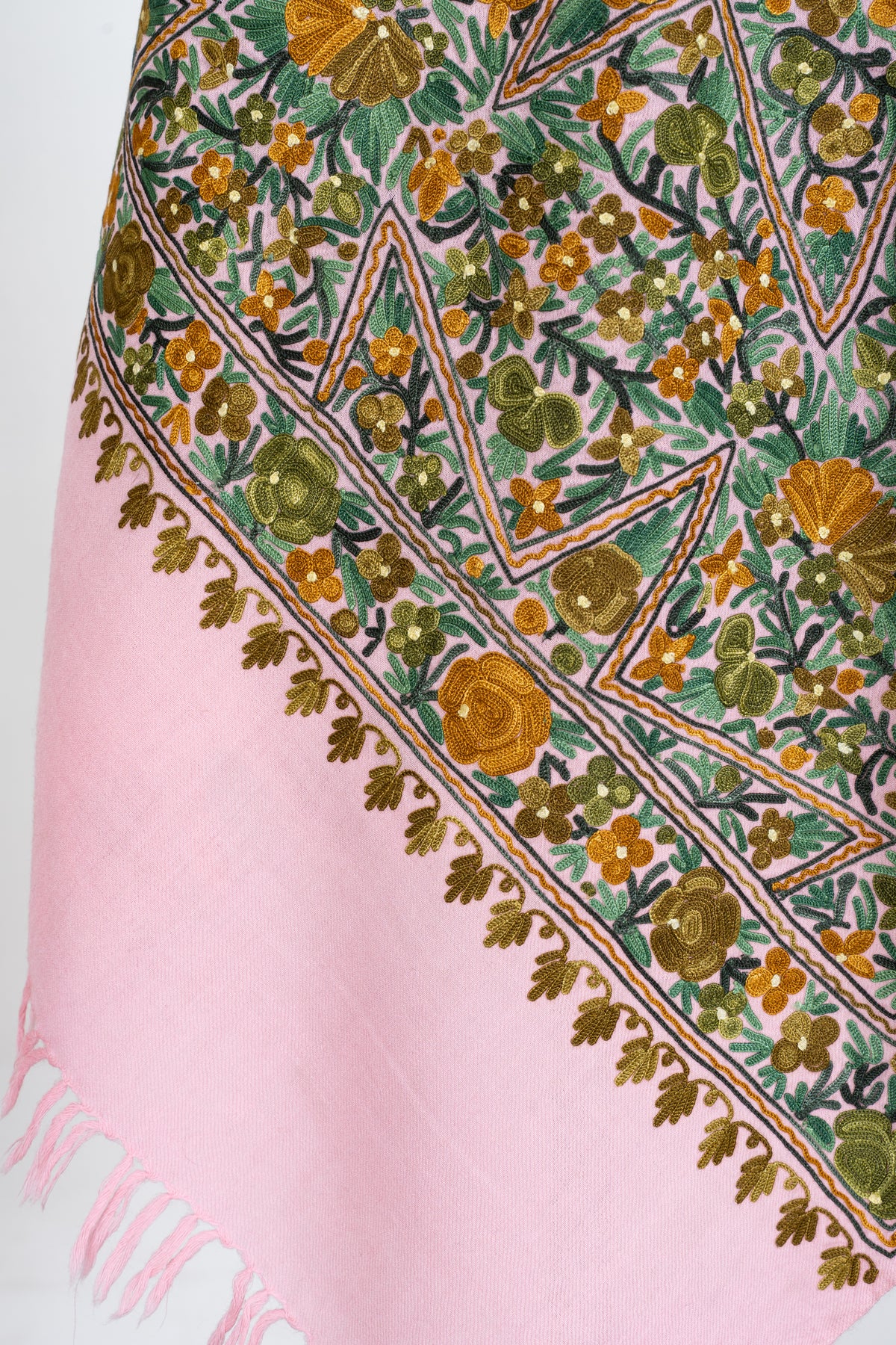 Blush Pink Merino Wool Scarf with Golden Garden Machine Aari Embroidered