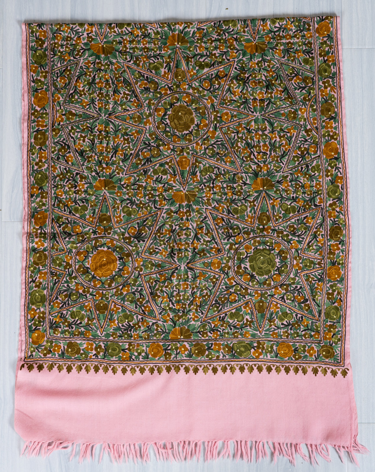 Blush Pink Merino Wool Scarf with Golden Garden Machine Aari Embroidered