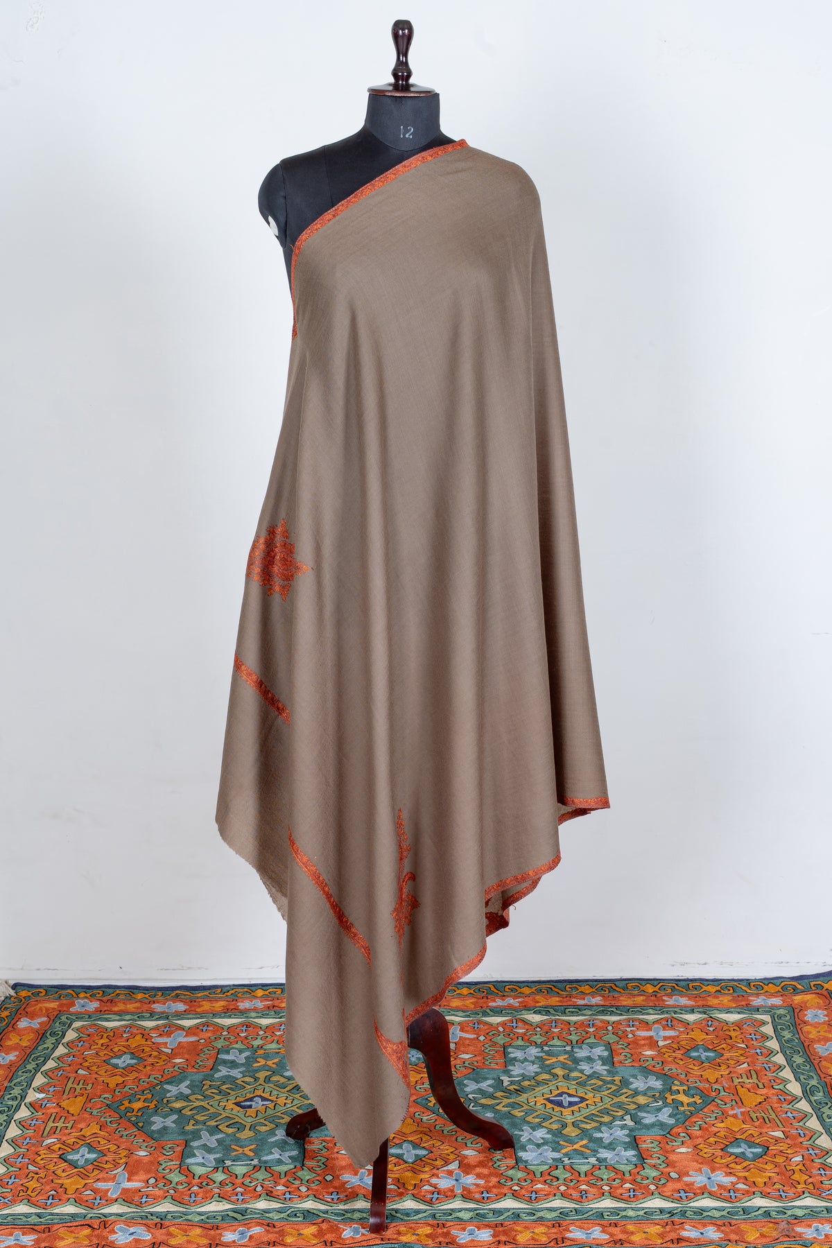Sandstone Beige Merino Wool Shawl with Rust Orange Sozni Hand Embroidered Accents
