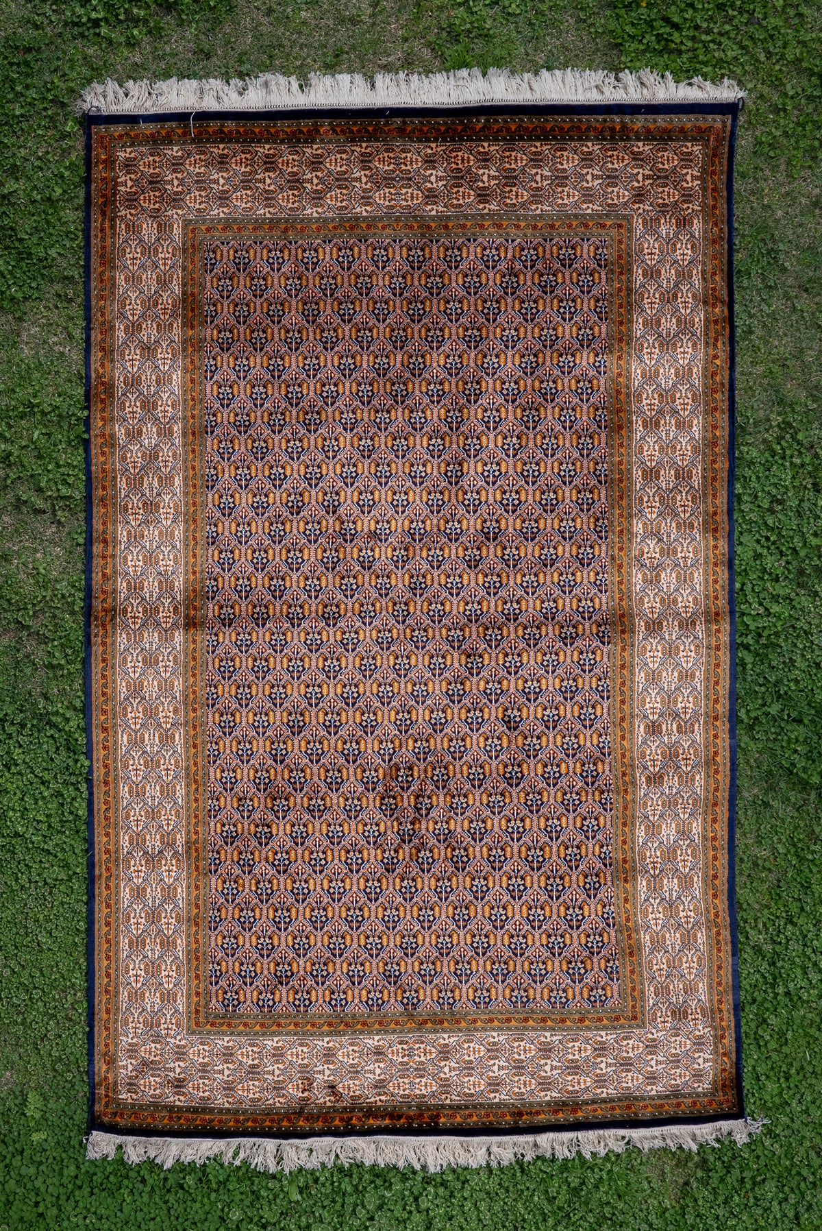 6ft x 4ft: Midnight Saffron Lattice: Hand Knotted Mulberry silk on silk Kashmiri Carpet