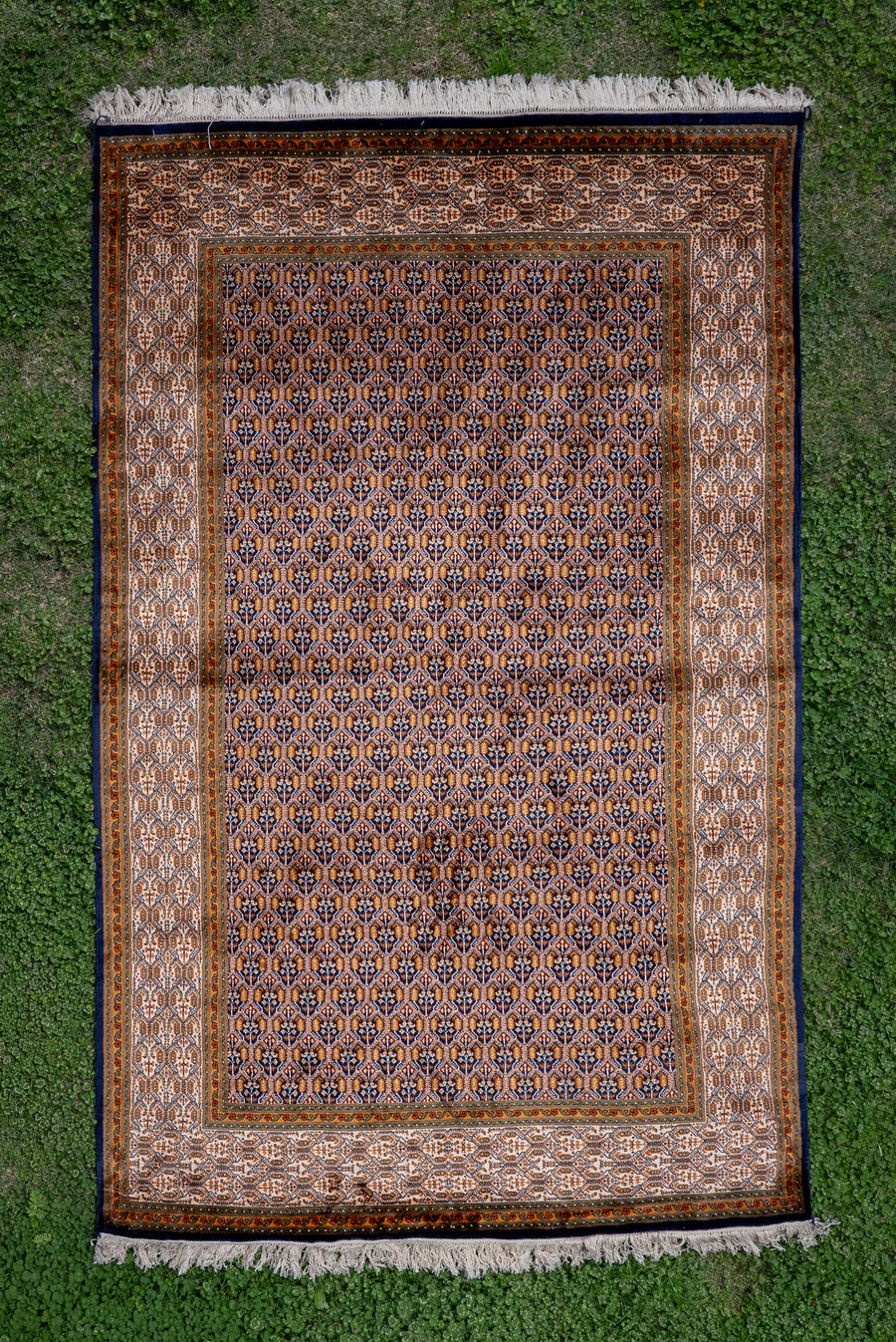 6ft x 4ft: Midnight Saffron Lattice: Hand Knotted Mulberry silk on silk Kashmiri Carpet