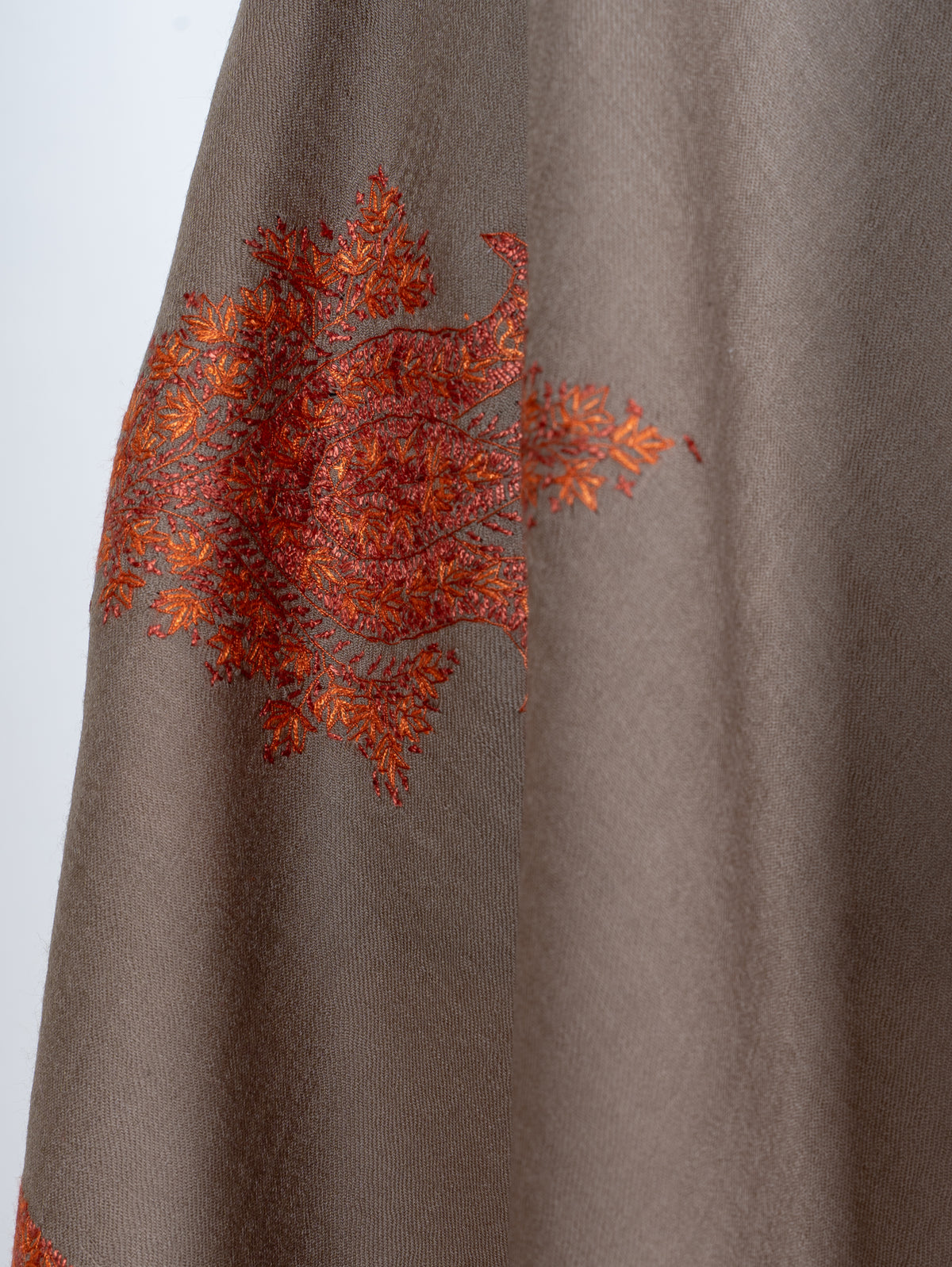 Sandstone Beige Merino Wool Shawl with Rust Orange Sozni Hand Embroidered Accents