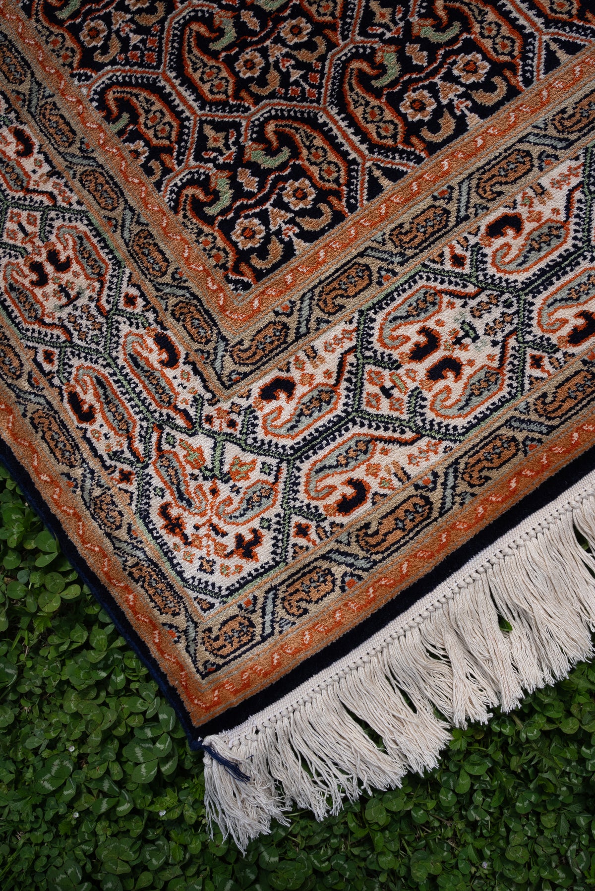 6ft x 4ft: Midnight Saffron Lattice: Hand Knotted Mulberry silk on silk Kashmiri Carpet