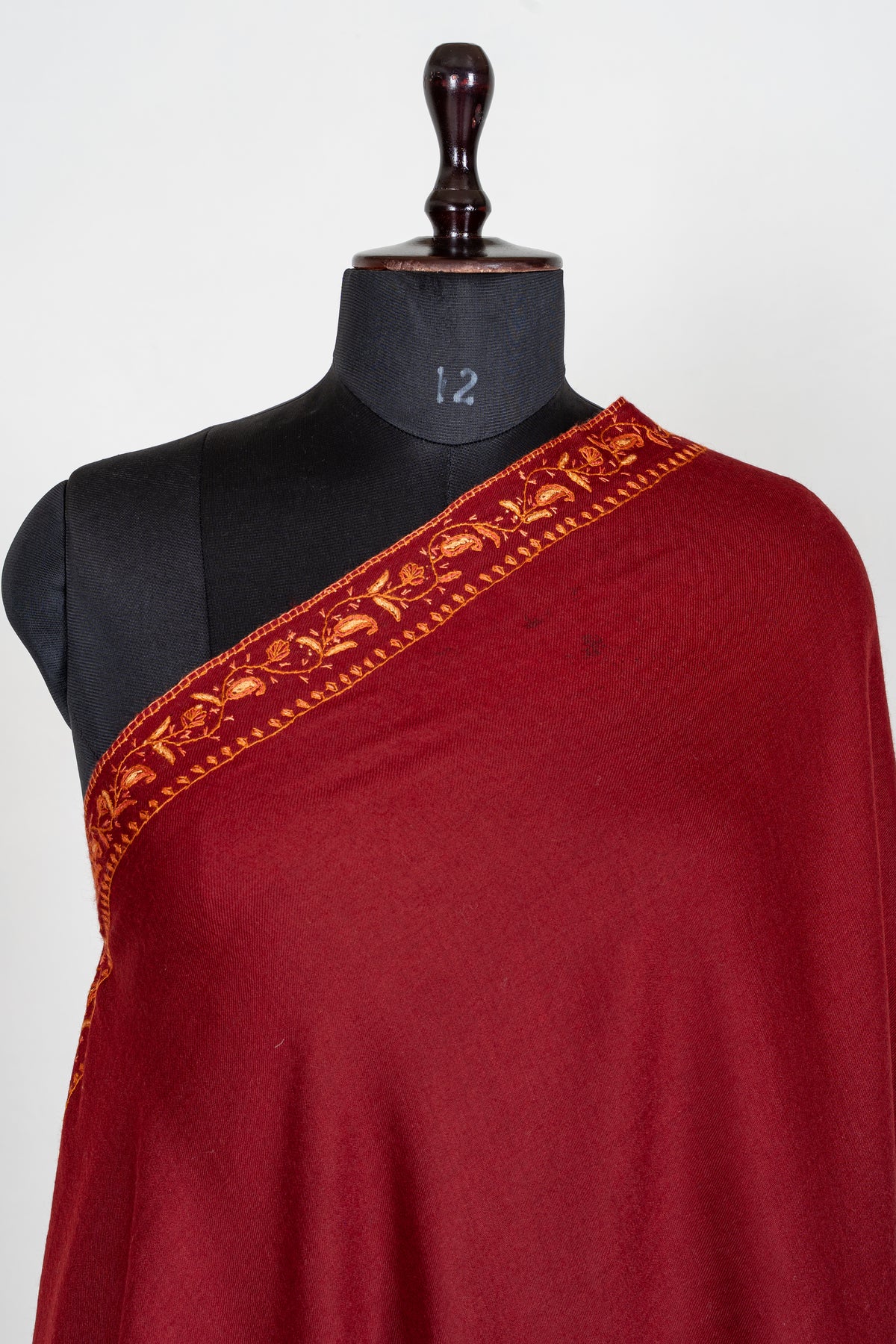 Ruby Red Merino Wool Shawl with Amber Sozni Hand Embroidered Borders