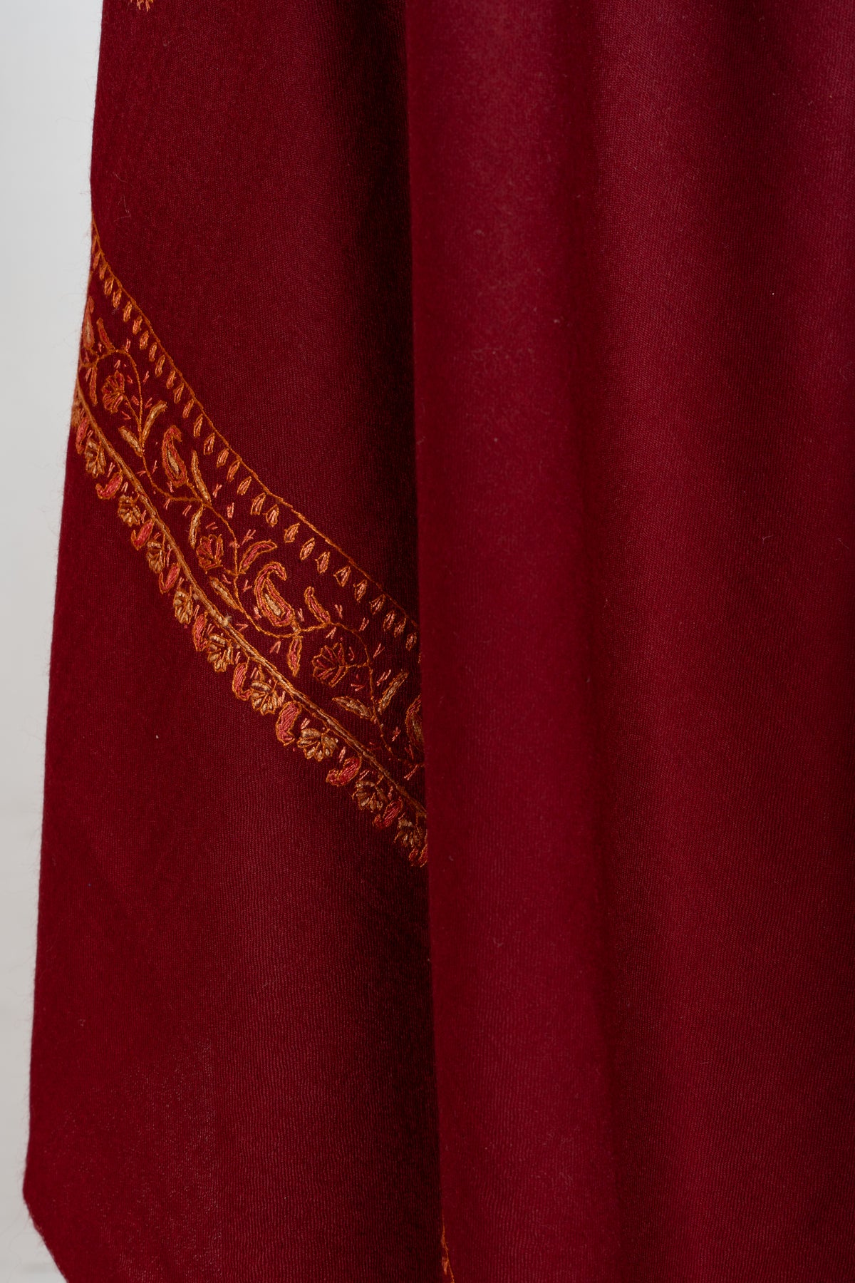 Ruby Red Merino Wool Shawl with Amber Sozni Hand Embroidered Borders