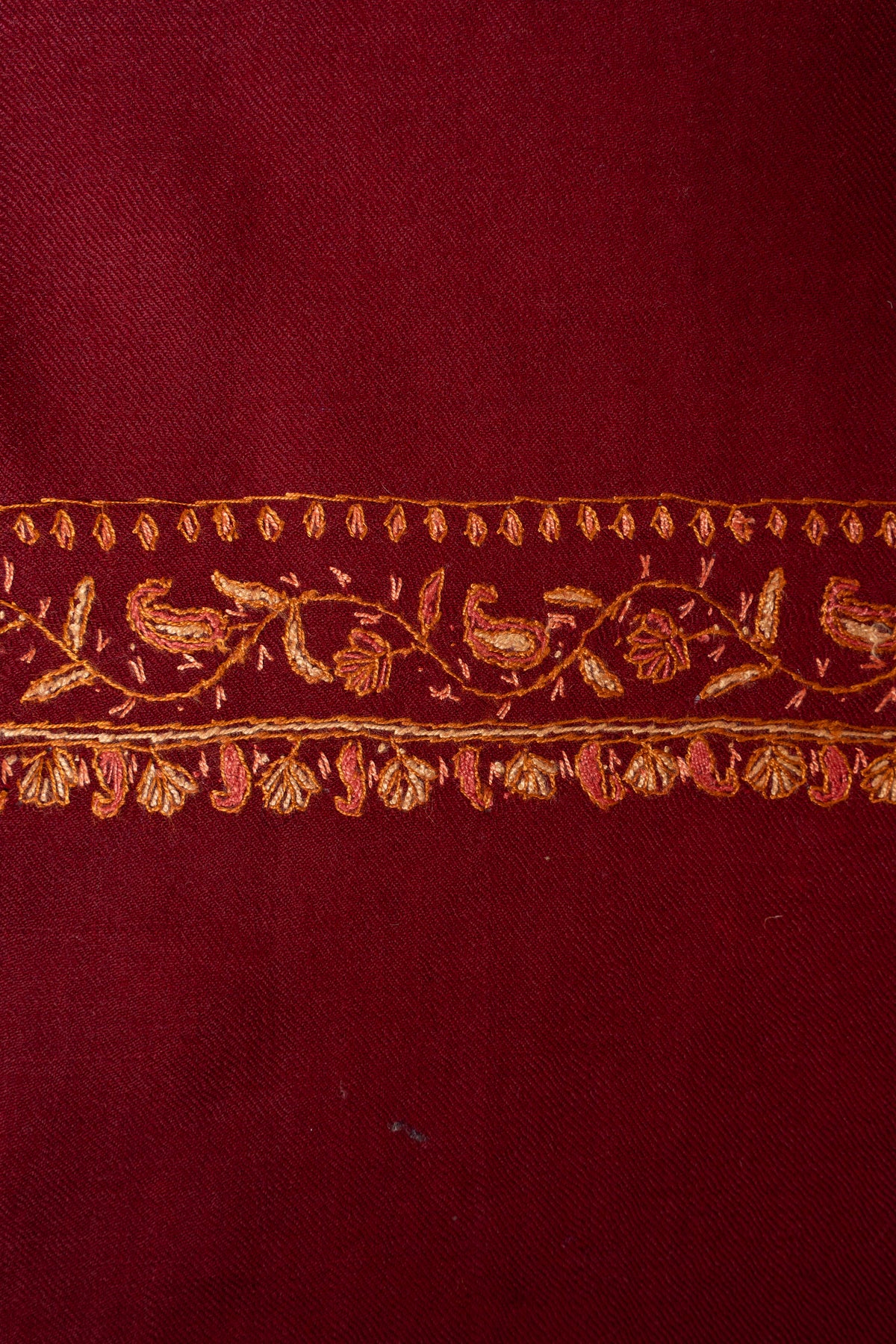 Ruby Red Merino Wool Shawl with Amber Sozni Hand Embroidered Borders