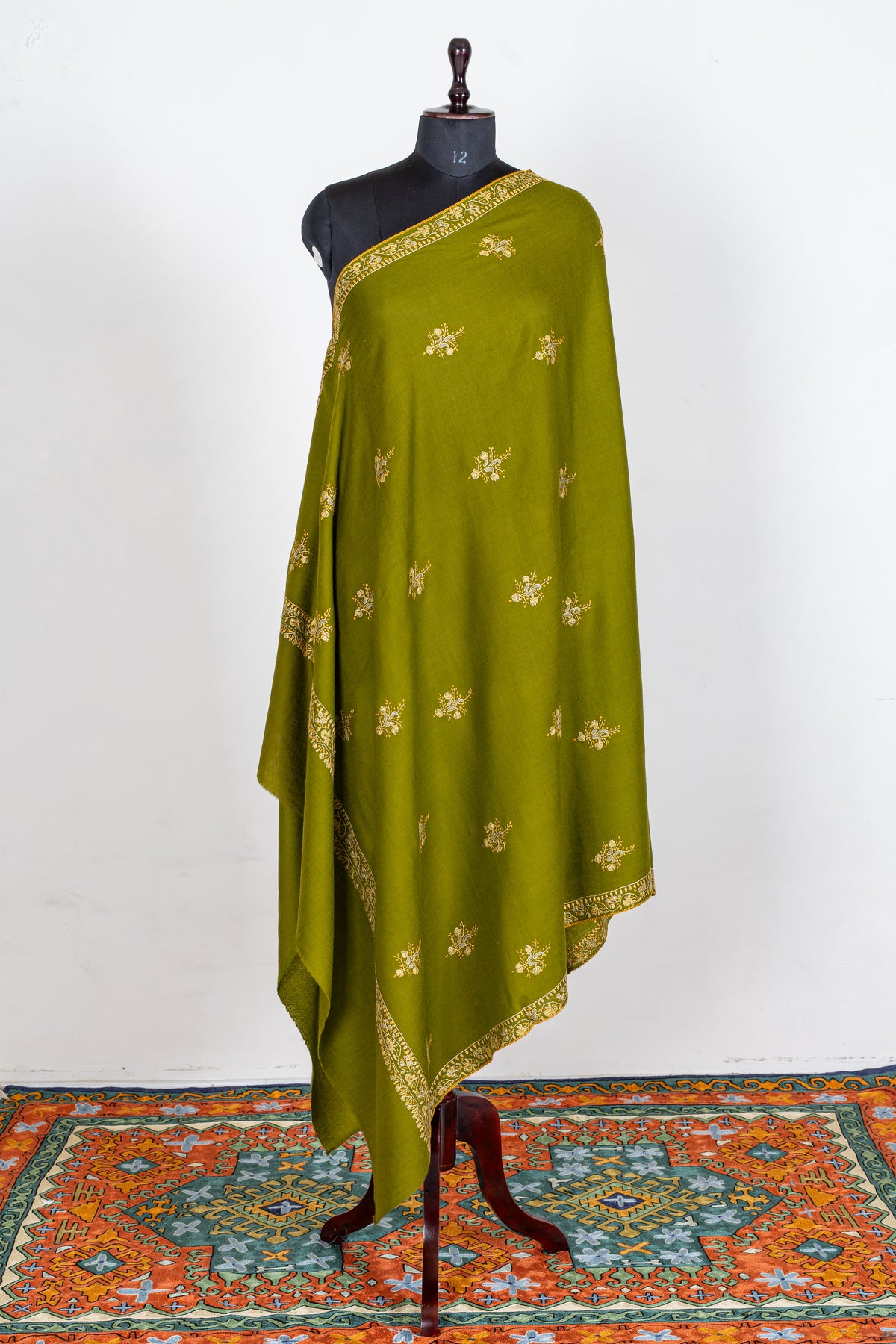 Olive Grove Merino Wool Shawl with Ivory Sozni Hand Embroidered Floral Sprigs