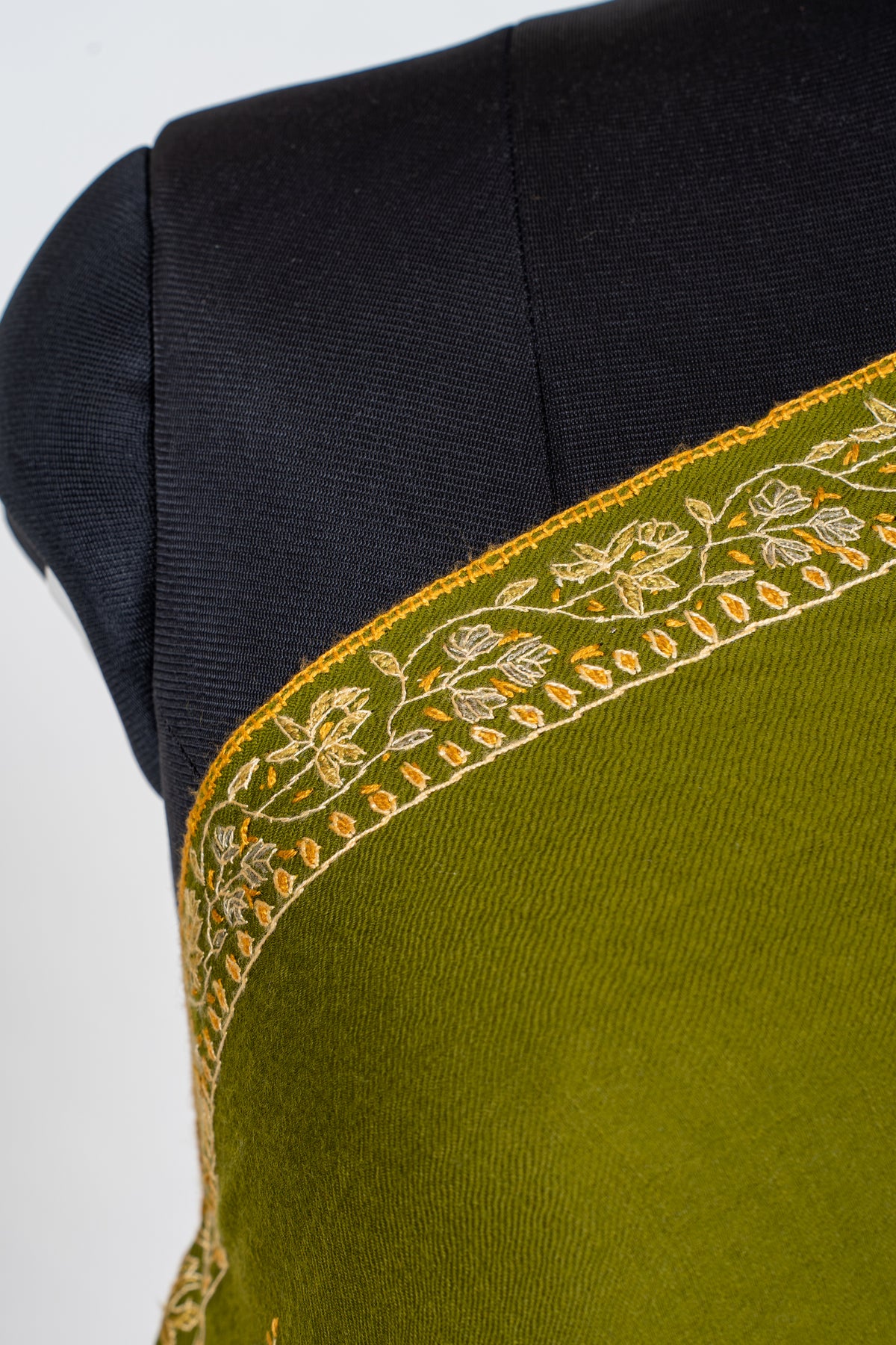 Olive Grove Merino Wool Shawl with Ivory Sozni Hand Embroidered Floral Sprigs