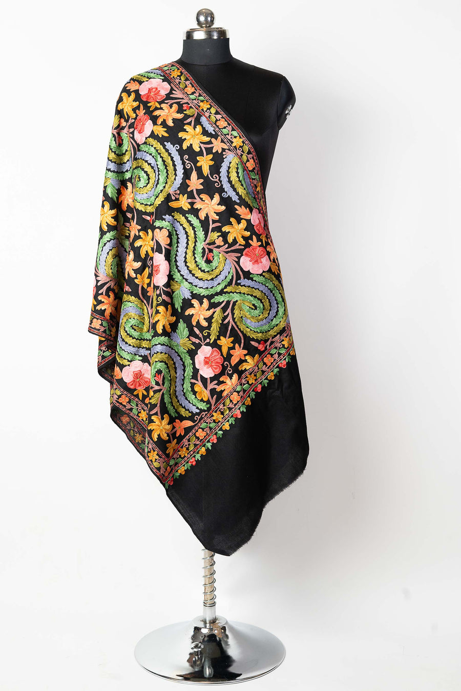 The Black Aari Symphony: Kashmiri Wool Scarf - KashmKari