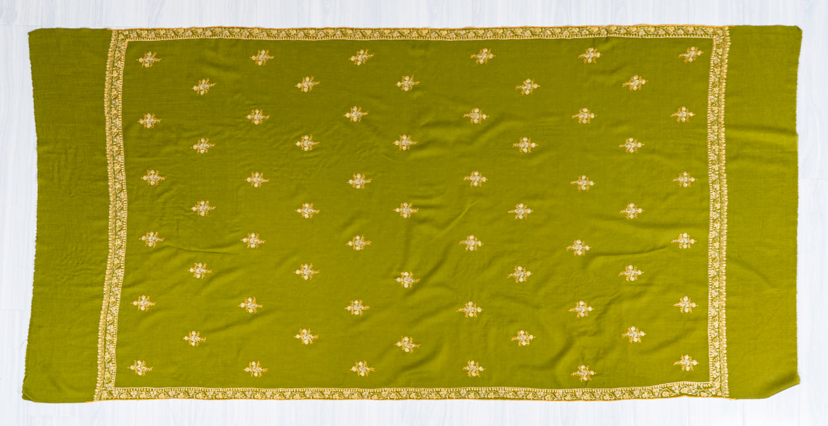 Olive Grove Merino Wool Shawl with Ivory Sozni Hand Embroidered Floral Sprigs