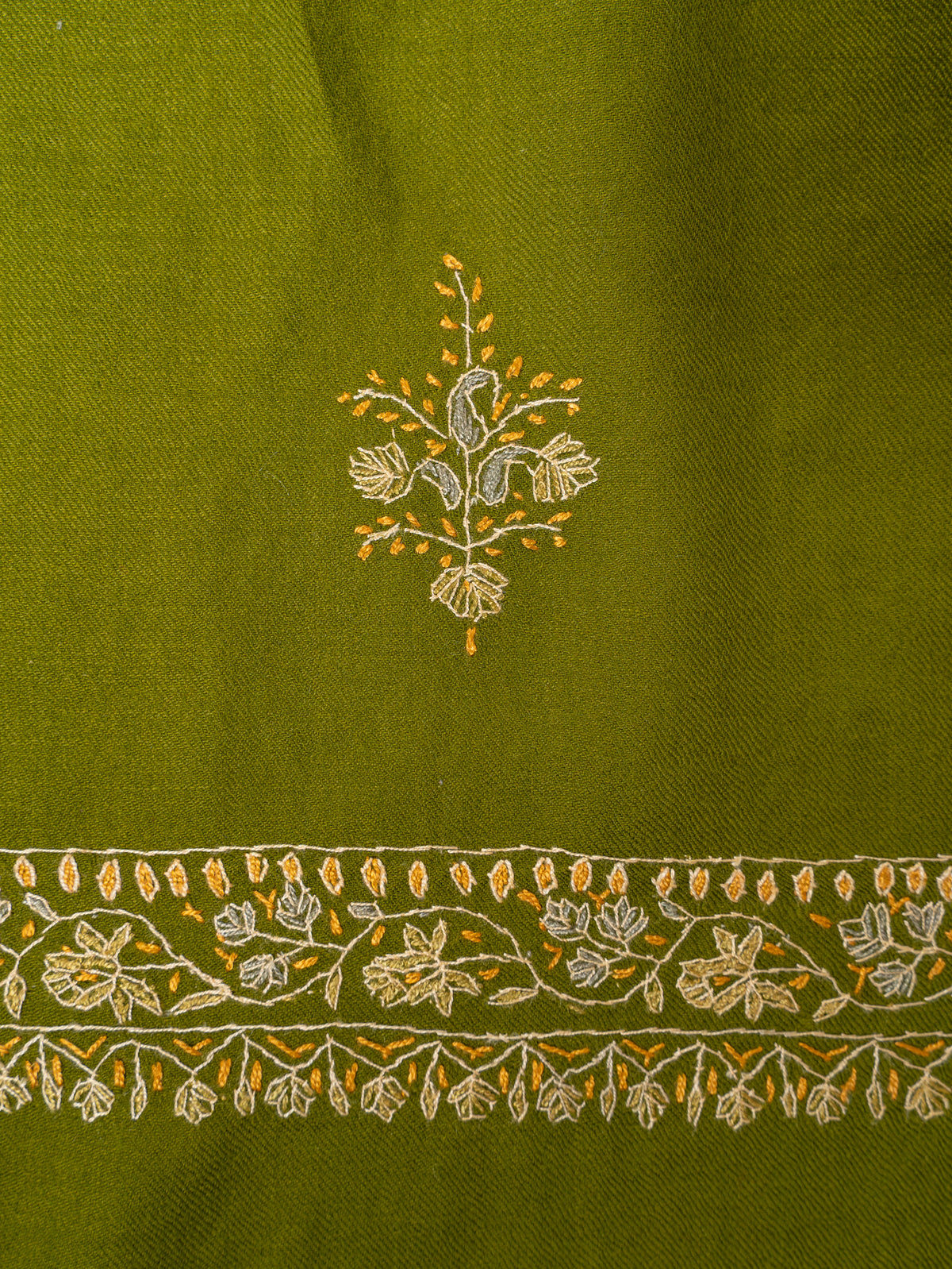 Olive Grove Merino Wool Shawl with Ivory Sozni Hand Embroidered Floral Sprigs