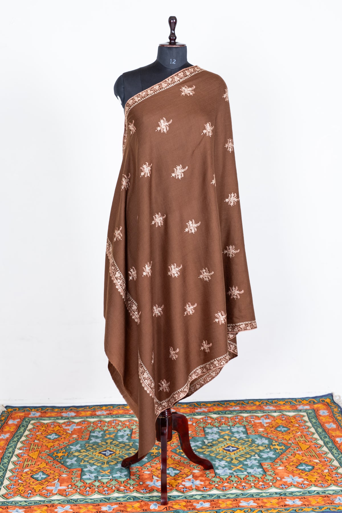 Cocoa Brown Merino Wool Shawl with Delicate Ivory Sozni Hand Embroidered Florals