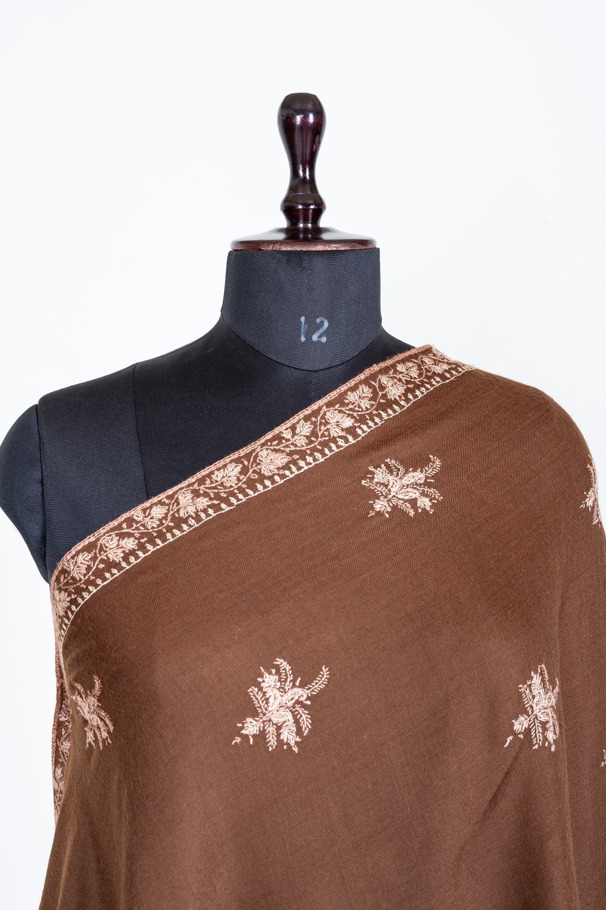 Cocoa Brown Merino Wool Shawl with Delicate Ivory Sozni Hand Embroidered Florals