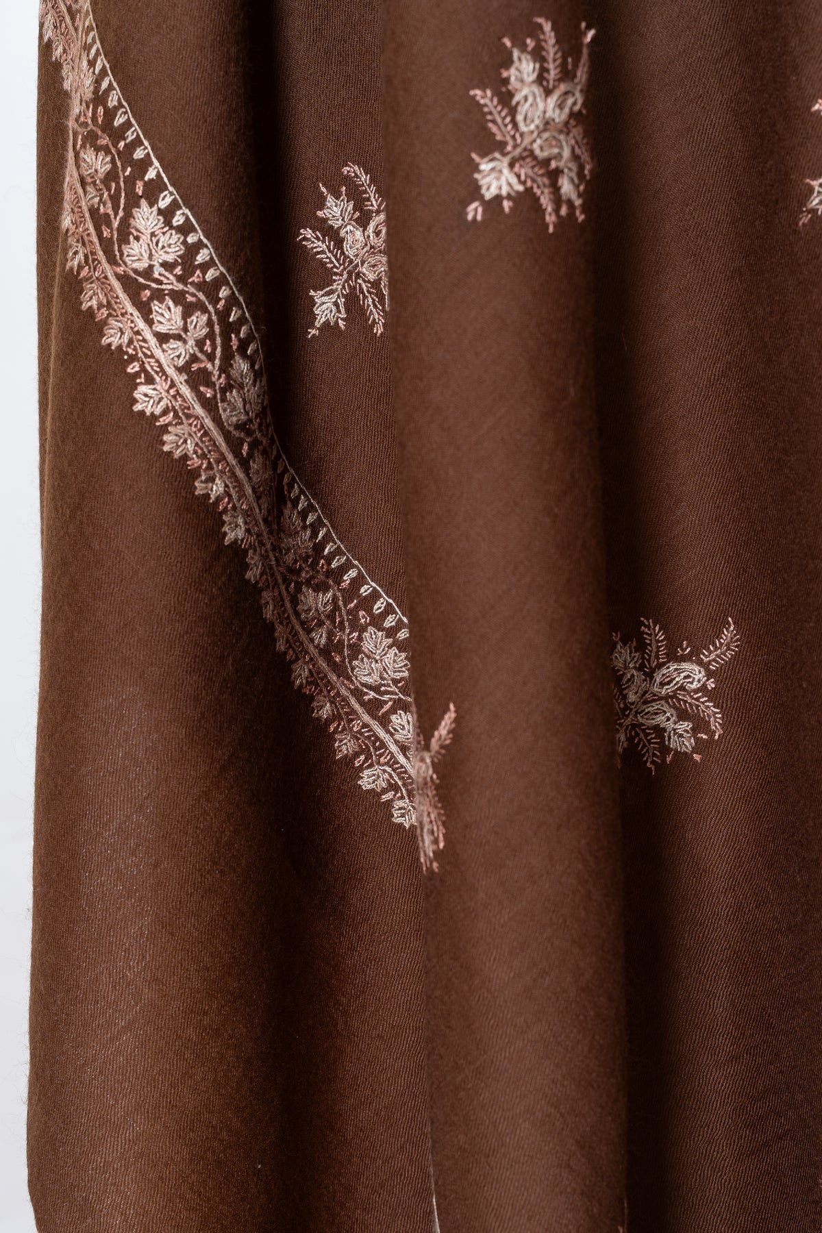 Cocoa Brown Merino Wool Shawl with Delicate Ivory Sozni Hand Embroidered Florals