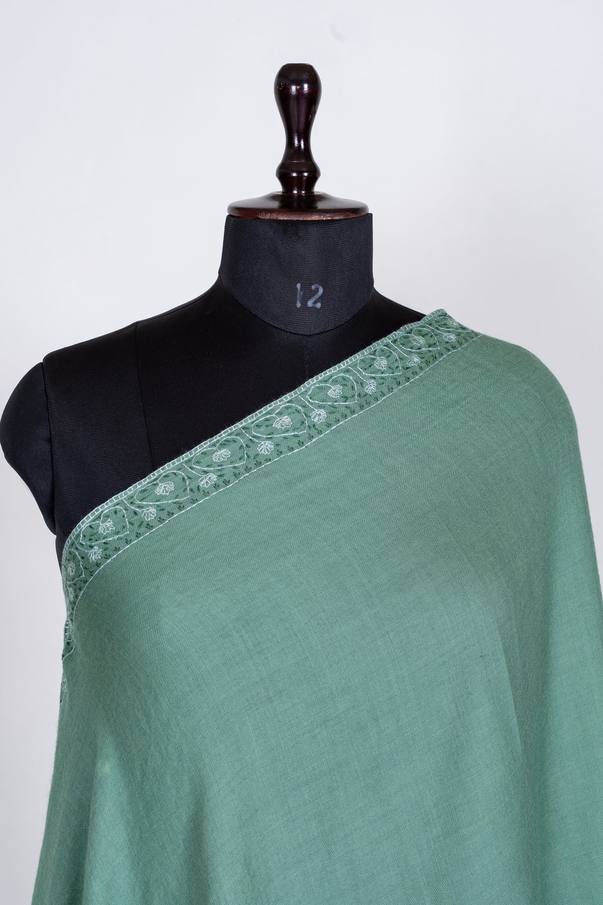 Sage Mist Merino Wool Shawl with Tonal Sozni Hand Embroidered Borders