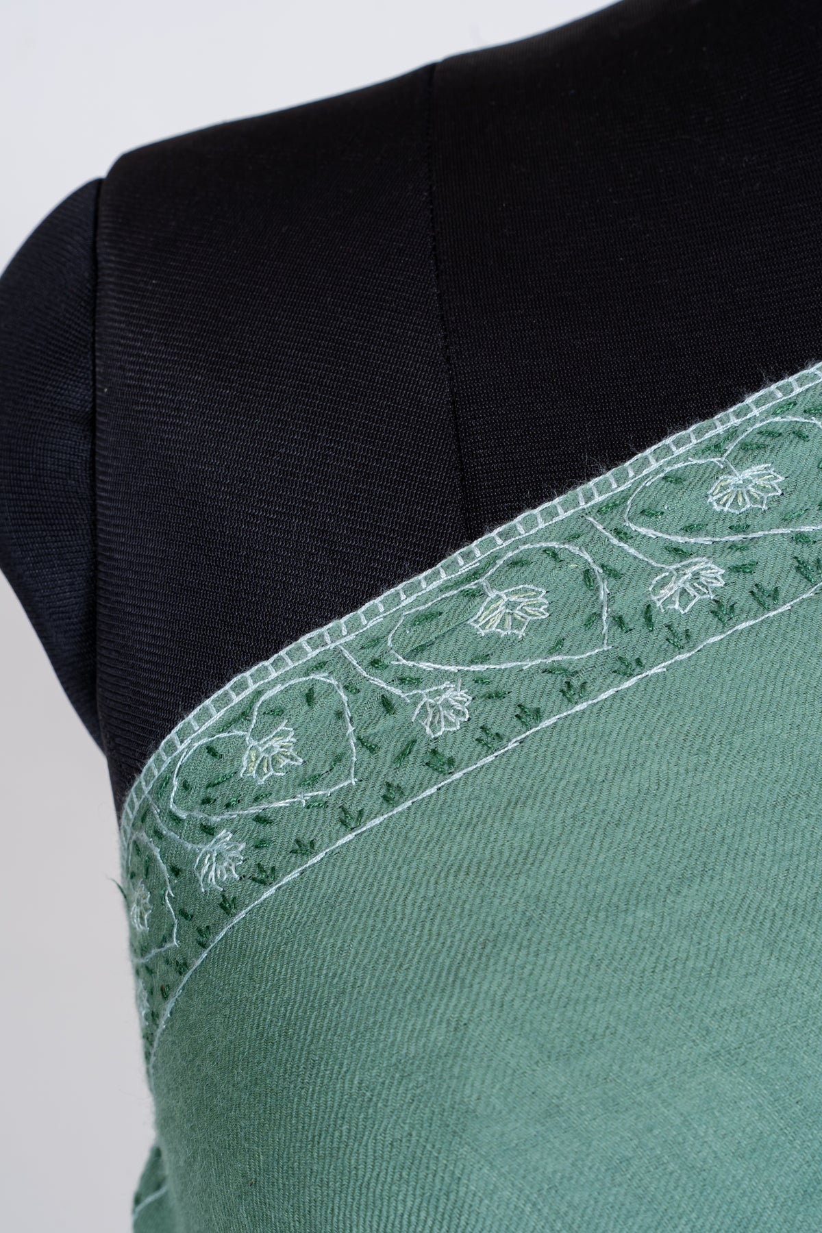 Sage Mist Merino Wool Shawl with Tonal Sozni Hand Embroidered Borders