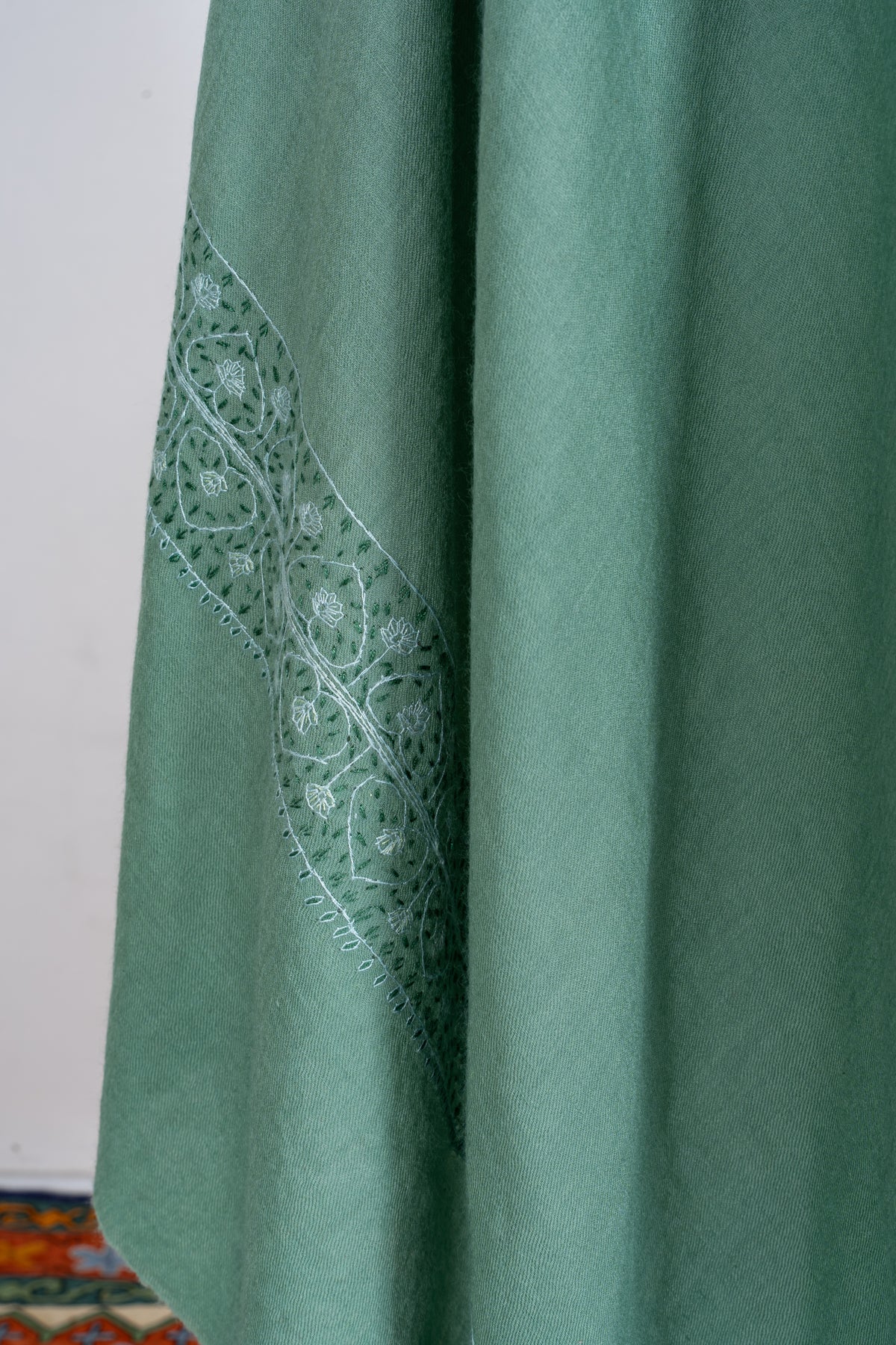 Sage Mist Merino Wool Shawl with Tonal Sozni Hand Embroidered Borders