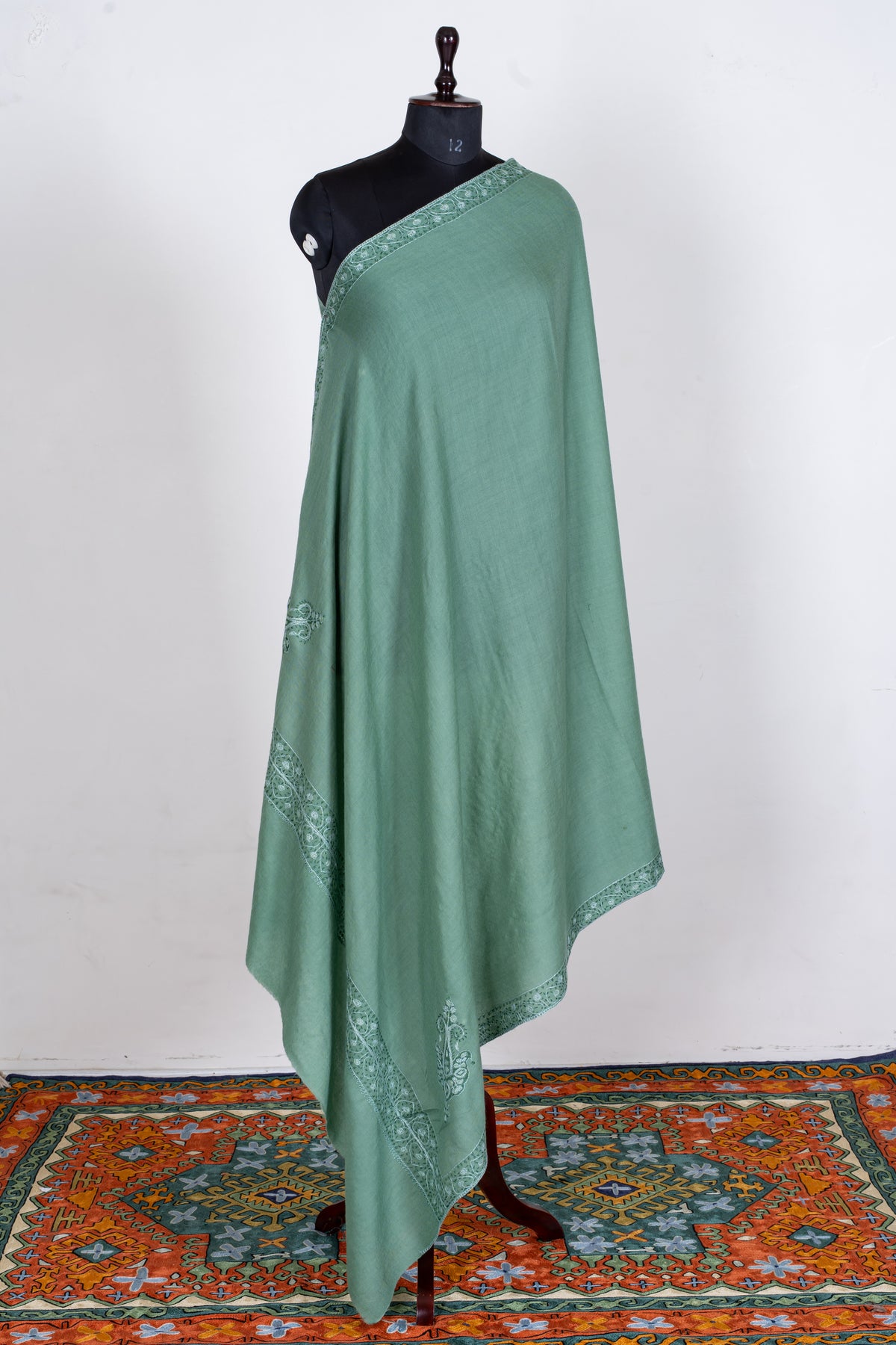 Sage Mist Merino Wool Shawl with Tonal Sozni Hand Embroidered Borders