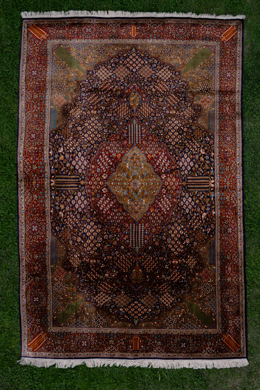 9ft x 6ft: Imperial Crimson Sanctuary: Hand Knotted Mulberry silk on silk Kashmiri Carpet