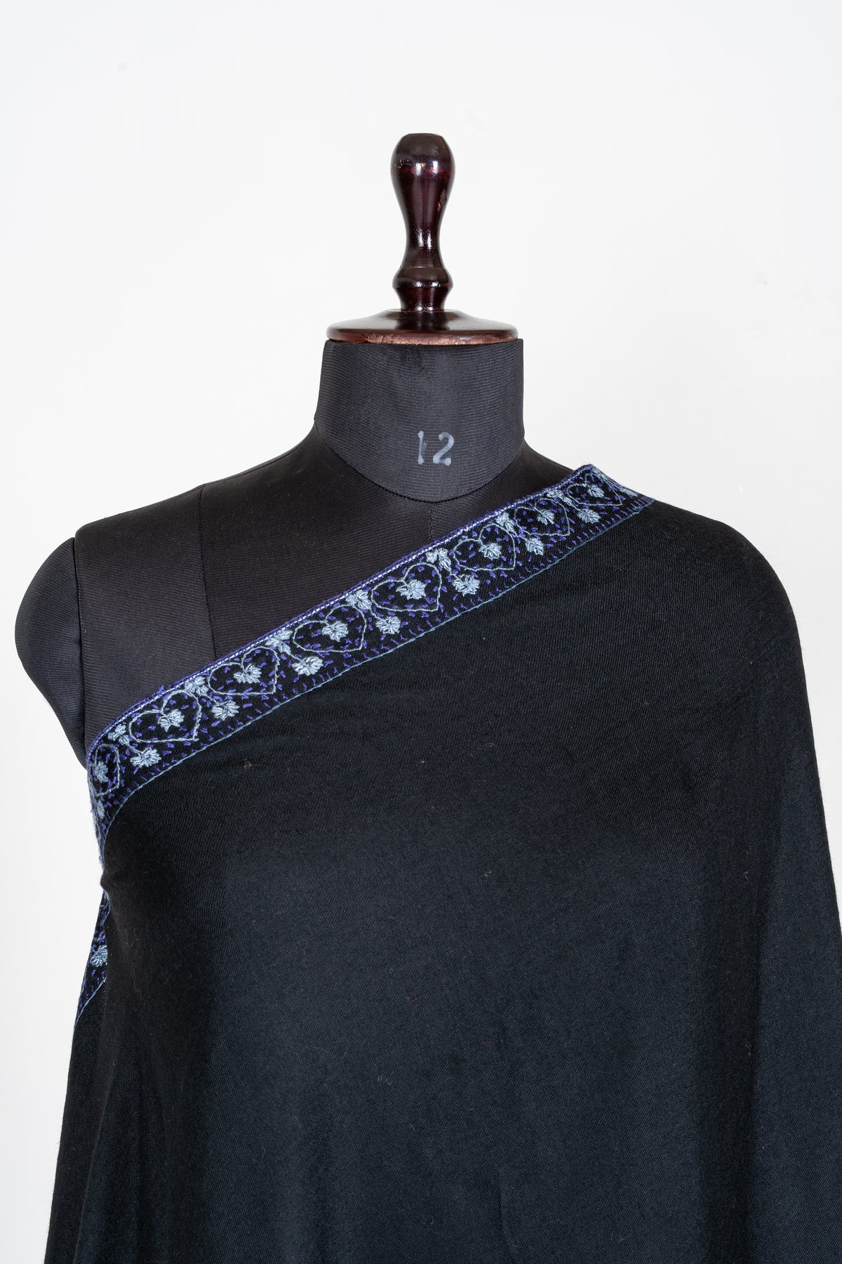 Midnight Noir Merino Wool Shawl with Sapphire Blue Sozni Hand Embroidered Borders