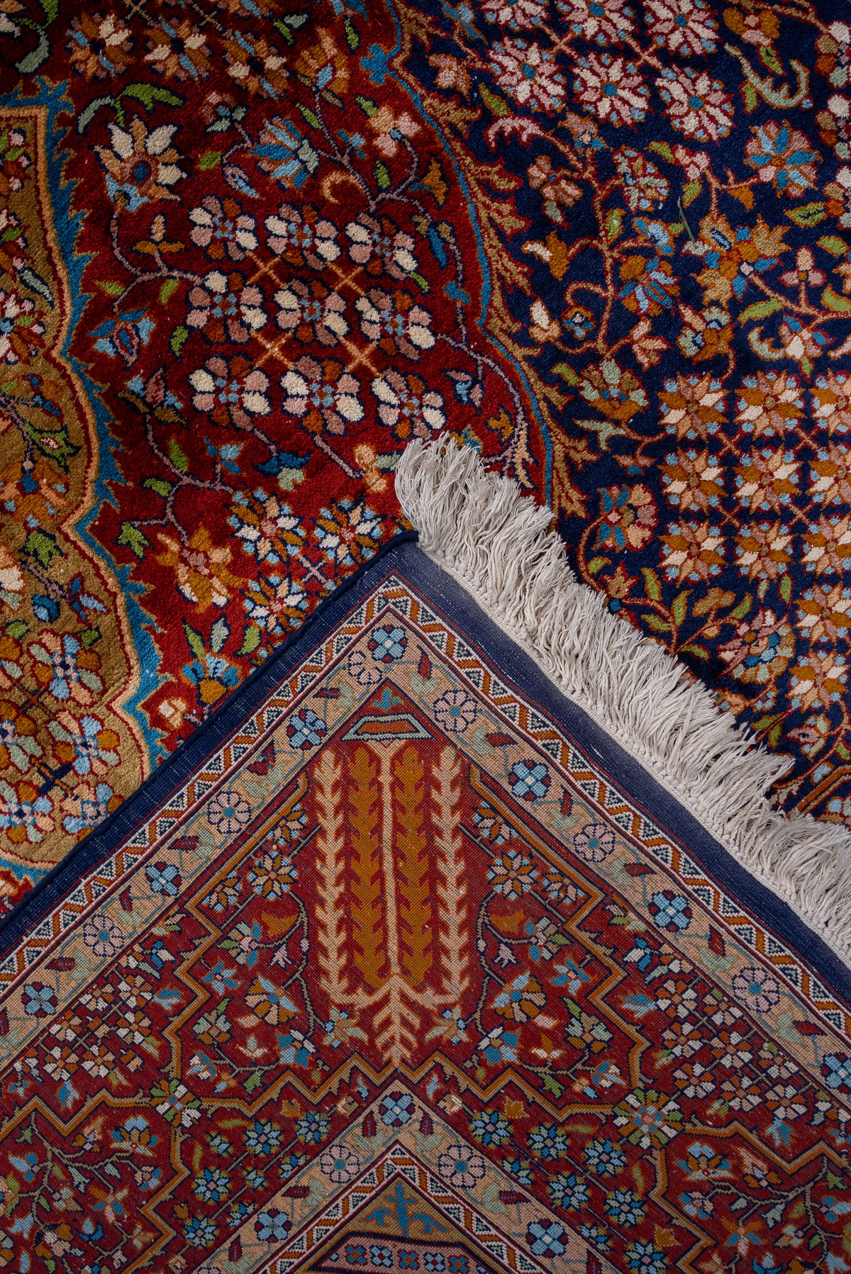 9ft x 6ft: Imperial Crimson Sanctuary: Hand Knotted Mulberry silk on silk Kashmiri Carpet