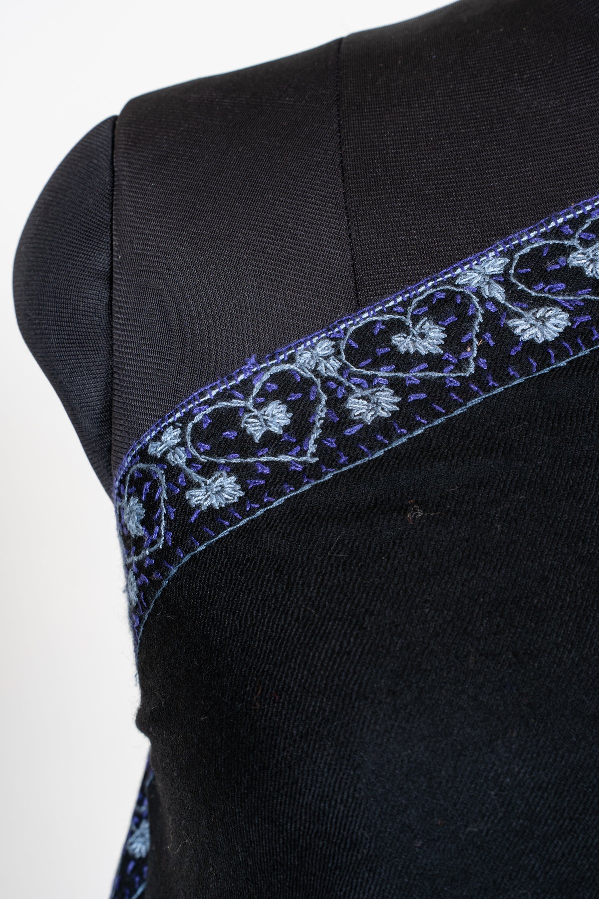 Midnight Noir Merino Wool Shawl with Sapphire Blue Sozni Hand Embroidered Borders