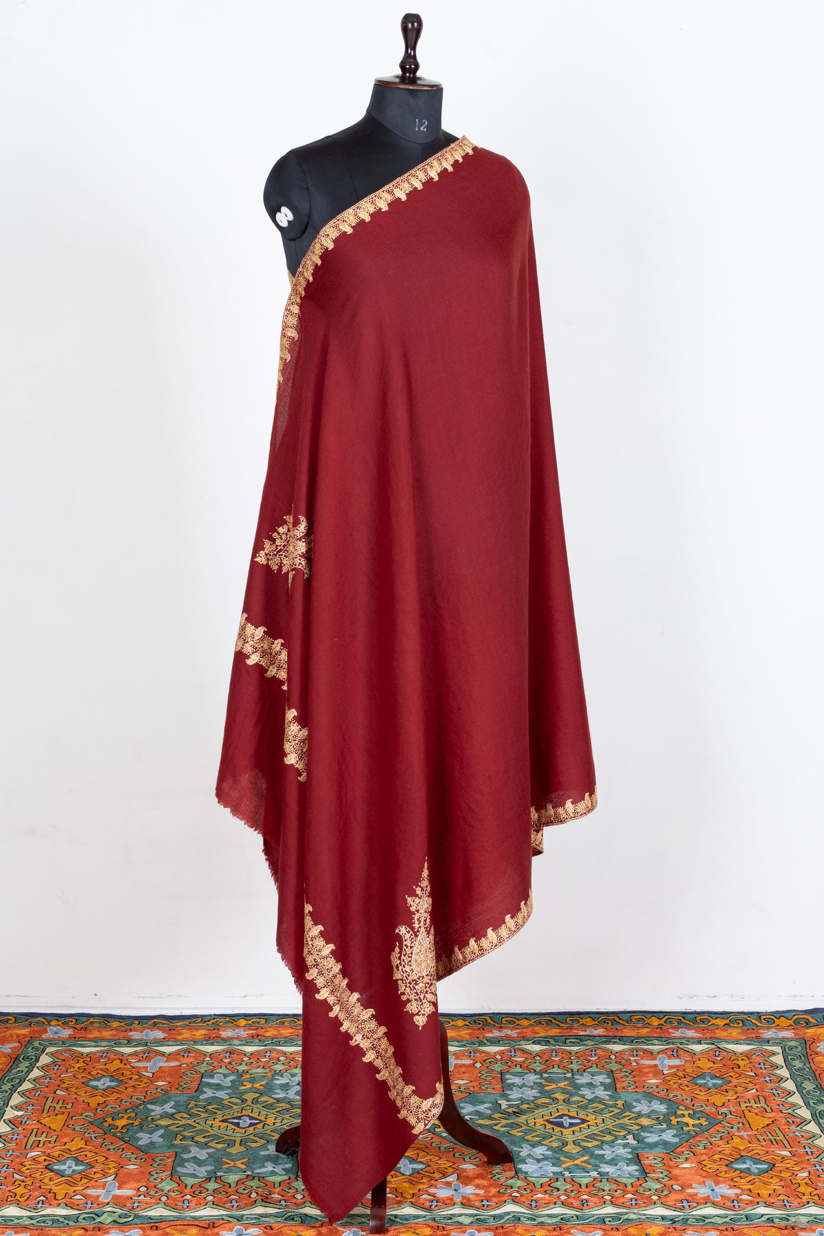 Garnet Red Merino Wool Shawl with Champagne Gold Sozni Hand Embroidered Paisley Accents