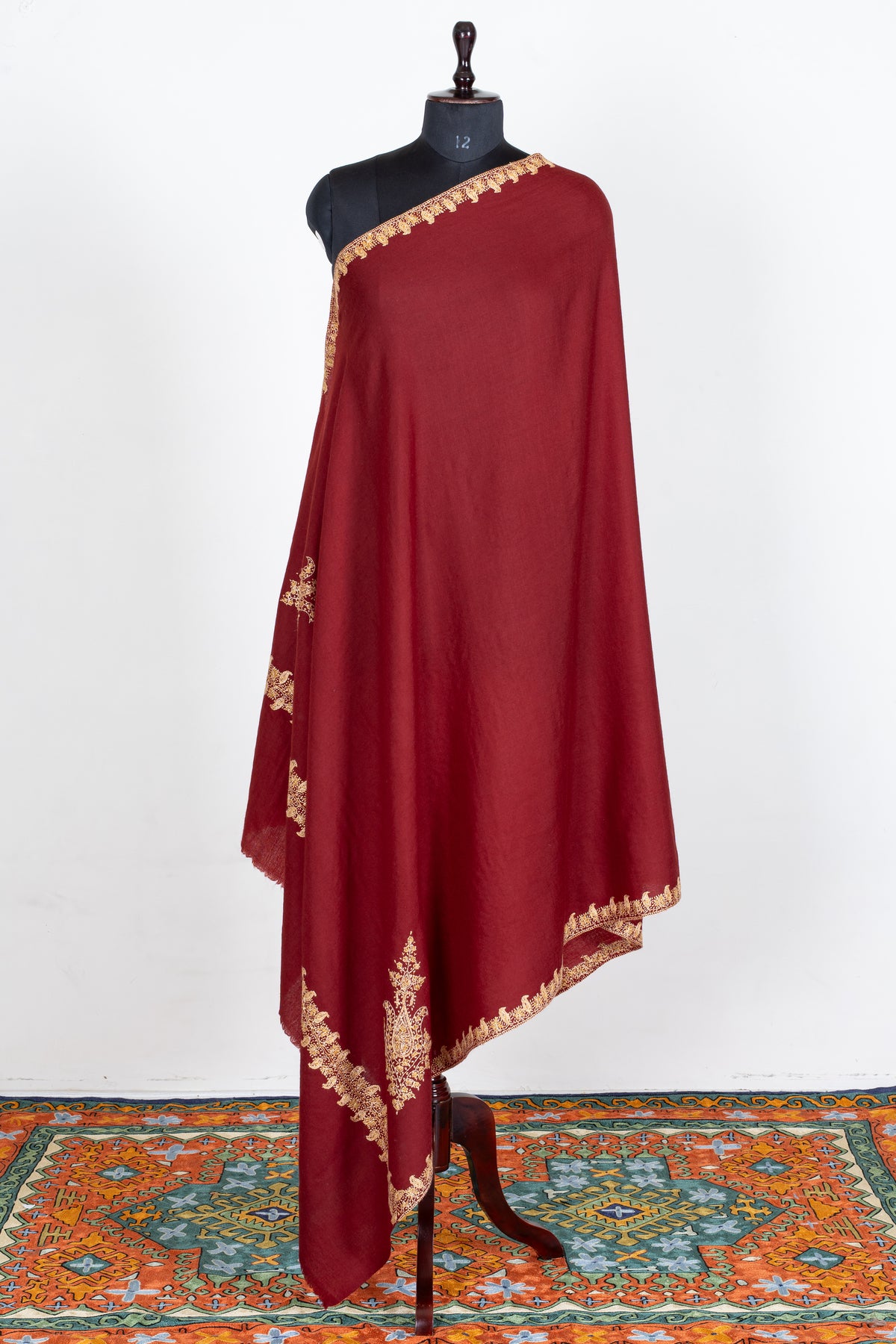 Garnet Red Merino Wool Shawl with Champagne Gold Sozni Hand Embroidered Paisley Accents