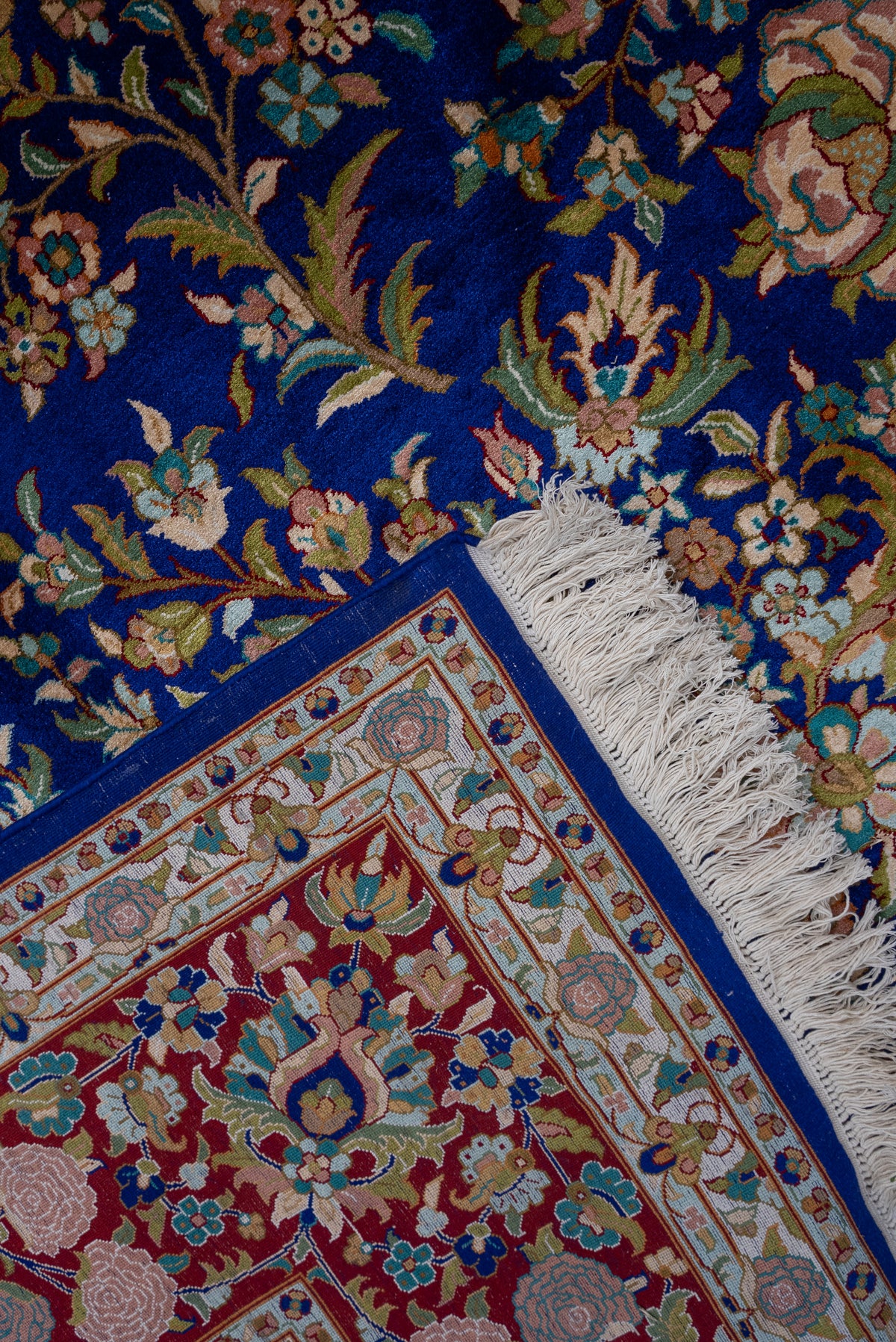 9ft x 6ft: Sapphire Blossom Garden: Hand Knotted Mulberry silk on silk Kashmiri Carpet