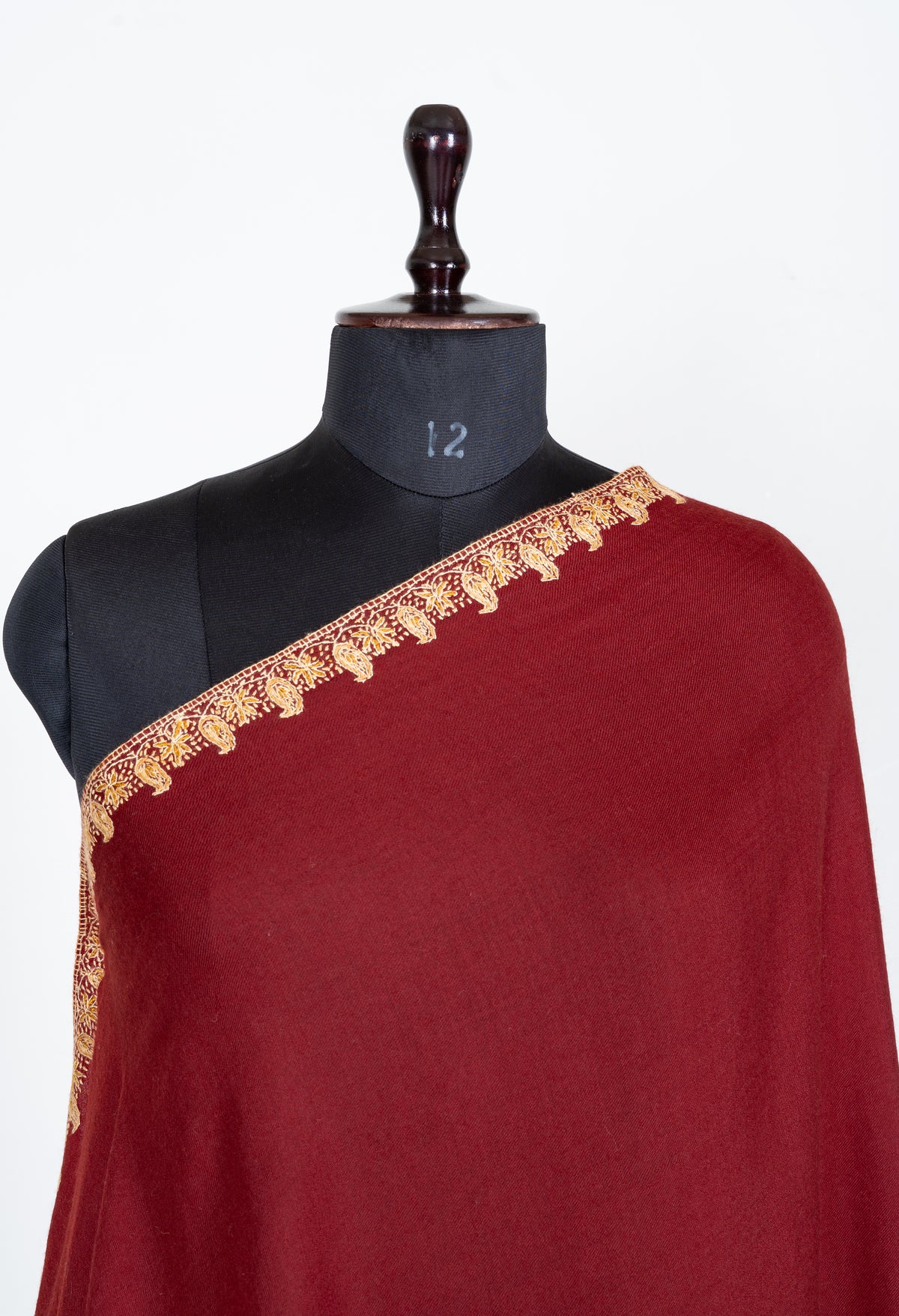 Garnet Red Merino Wool Shawl with Champagne Gold Sozni Hand Embroidered Paisley Accents