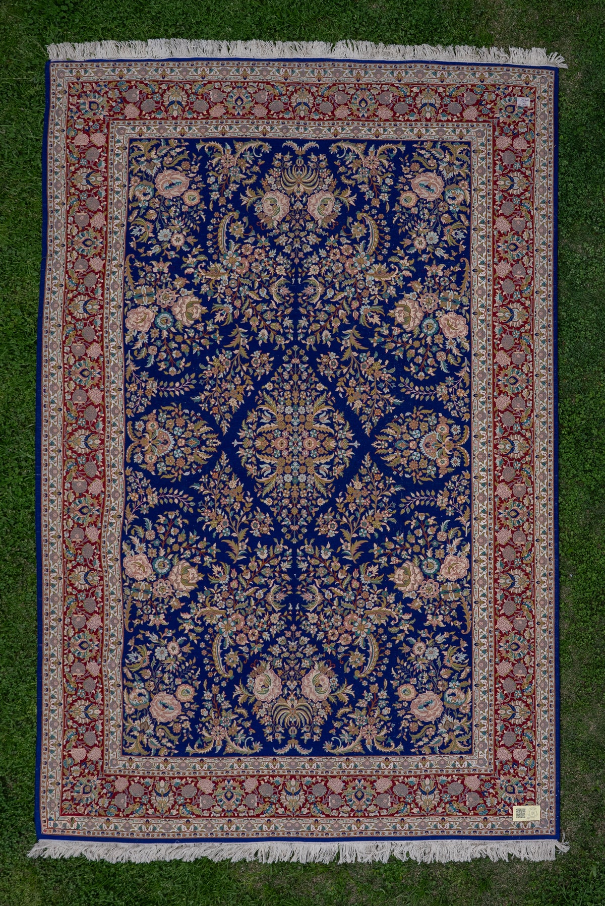 9ft x 6ft: Sapphire Blossom Garden: Hand Knotted Mulberry silk on silk Kashmiri Carpet