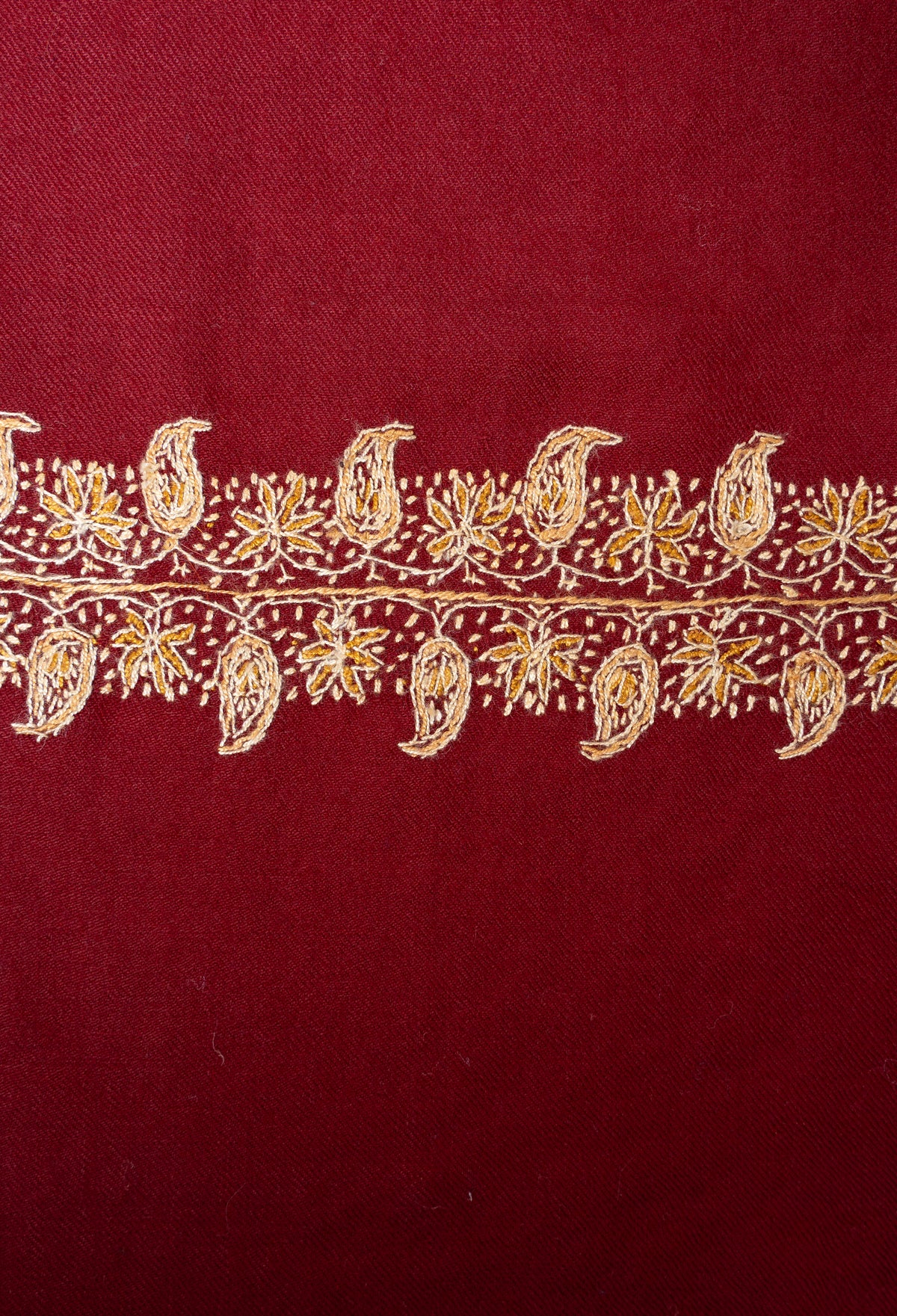 Garnet Red Merino Wool Shawl with Champagne Gold Sozni Hand Embroidered Paisley Accents