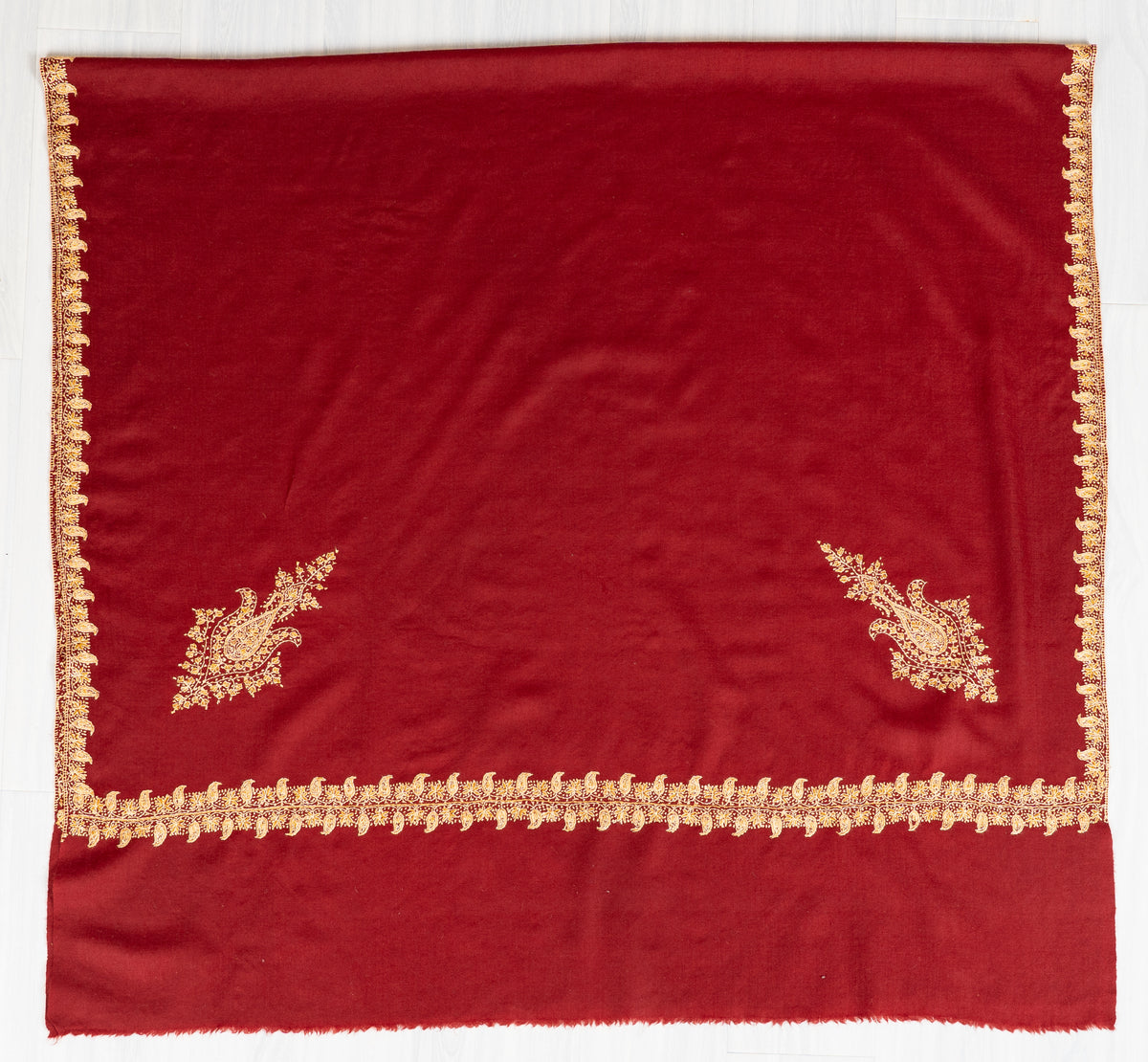 Garnet Red Merino Wool Shawl with Champagne Gold Sozni Hand Embroidered Paisley Accents