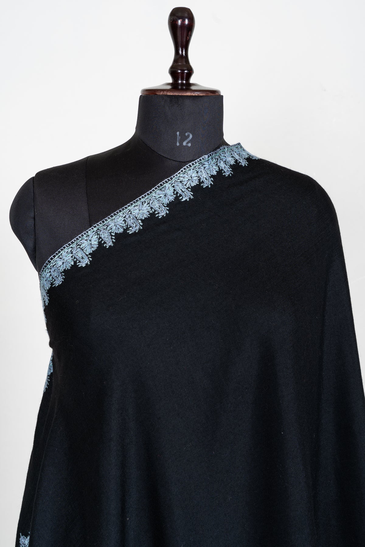 Midnight Frost Merino Wool Shawl with Ice Blue Sozni Hand Embroidered Floral Borders
