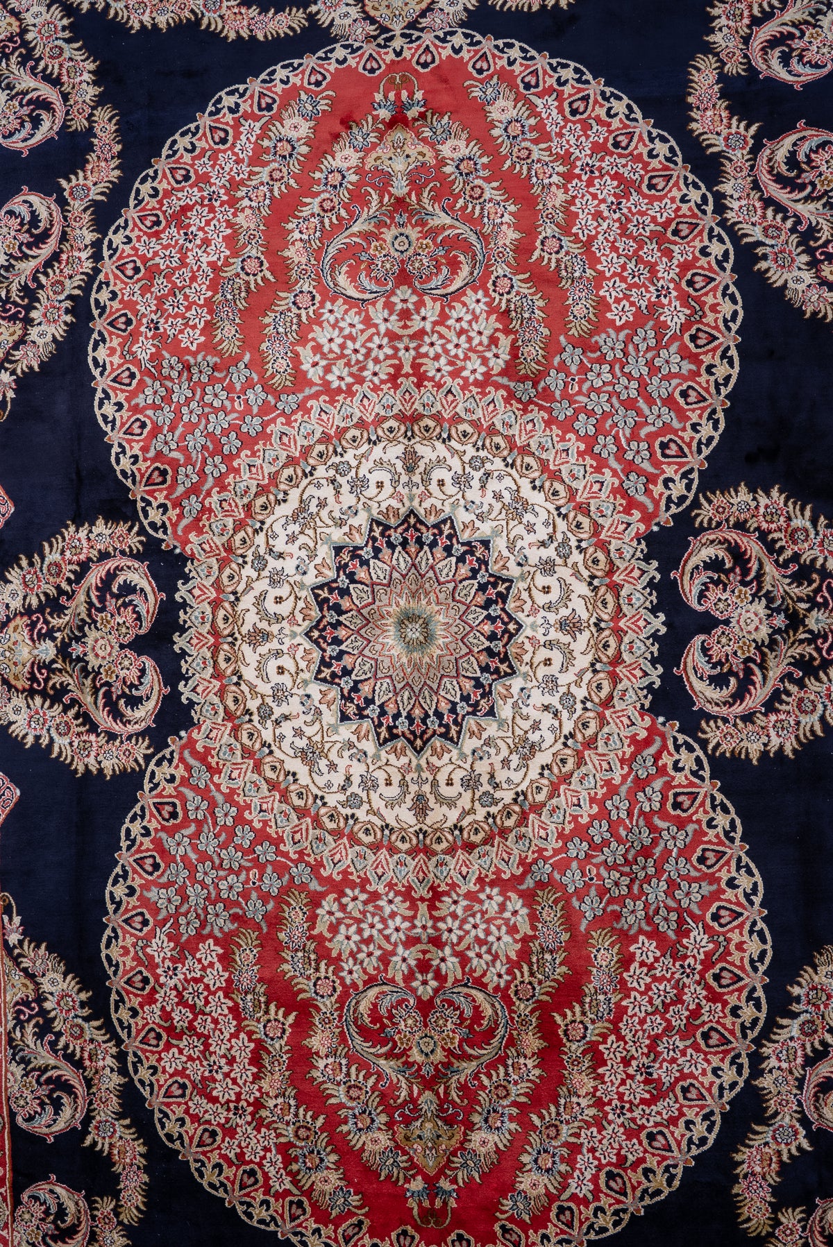 9ft x 6ft: Midnight Ruby Regal Medallion: Hand Knotted Mulberry silk on silk Kashmiri Carpet