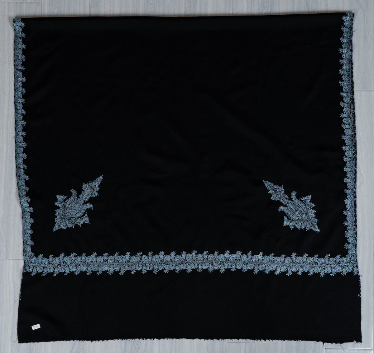 Midnight Frost Merino Wool Shawl with Ice Blue Sozni Hand Embroidered Floral Borders