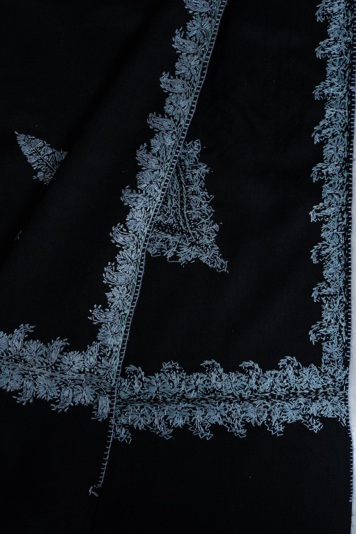 Midnight Frost Merino Wool Shawl with Ice Blue Sozni Hand Embroidered Floral Borders