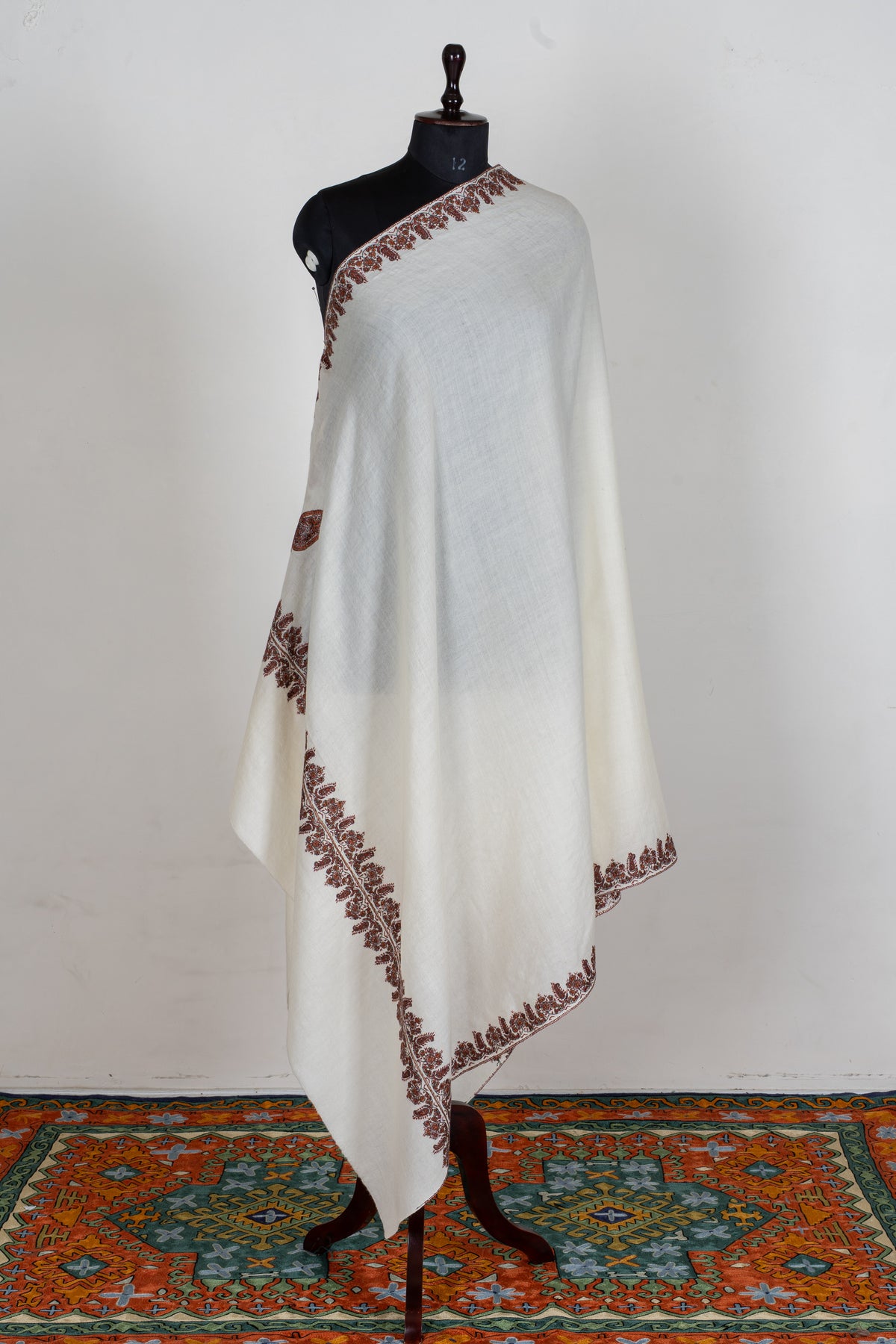 Ivory Whisper Merino Wool Shawl with Chestnut Brown Sozni Hand Embroidered Borders