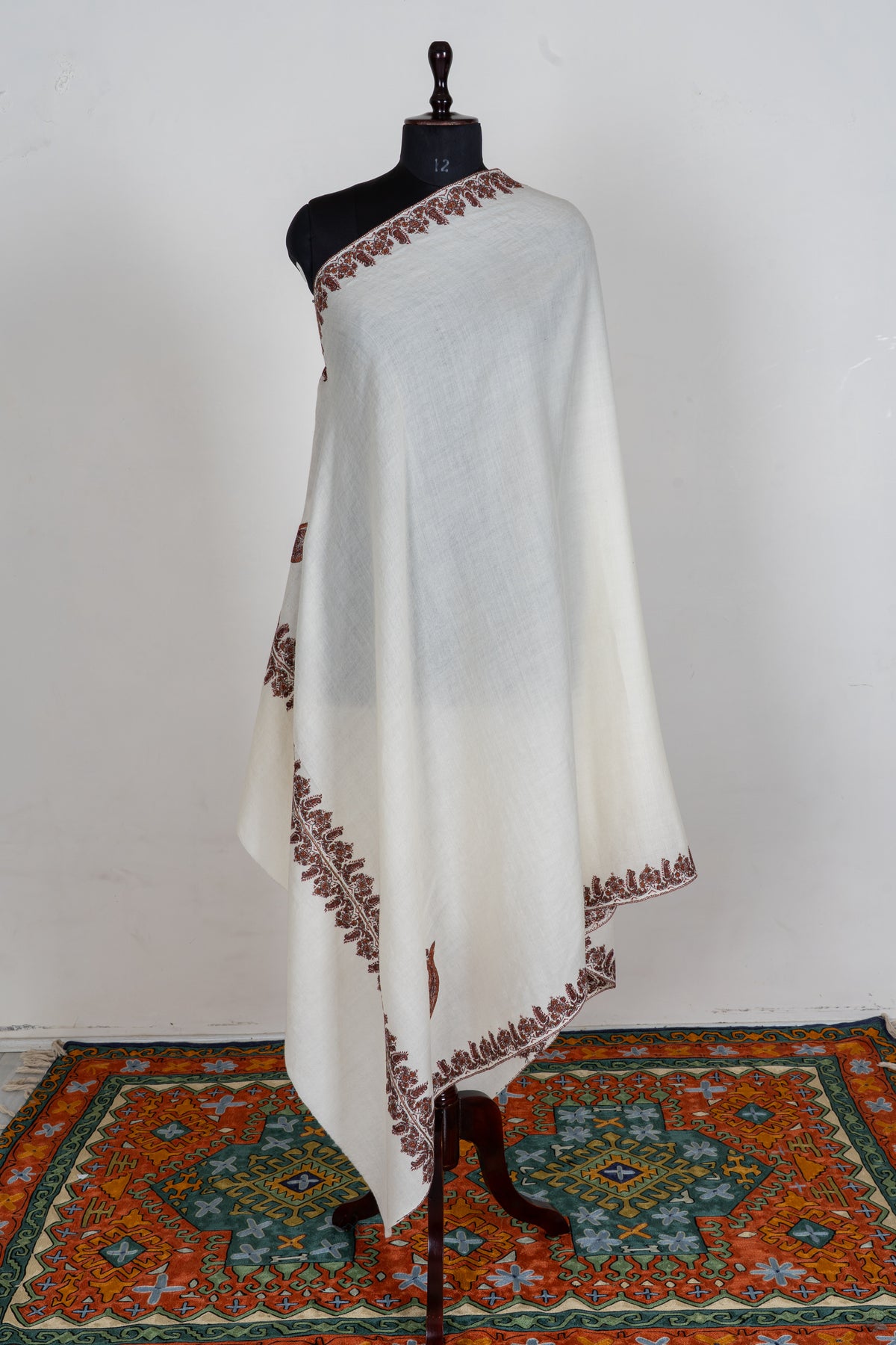 Ivory Whisper Merino Wool Shawl with Chestnut Brown Sozni Hand Embroidered Borders