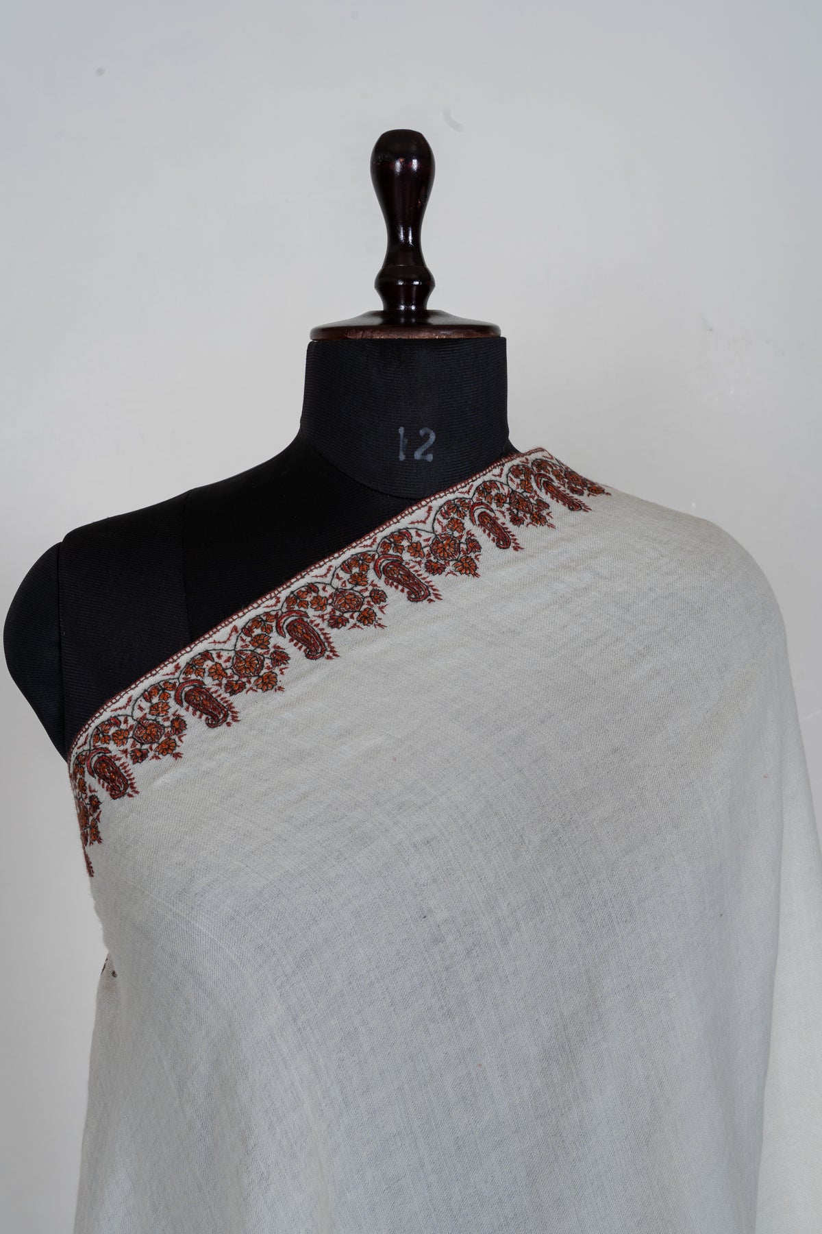 Ivory Whisper Merino Wool Shawl with Chestnut Brown Sozni Hand Embroidered Borders
