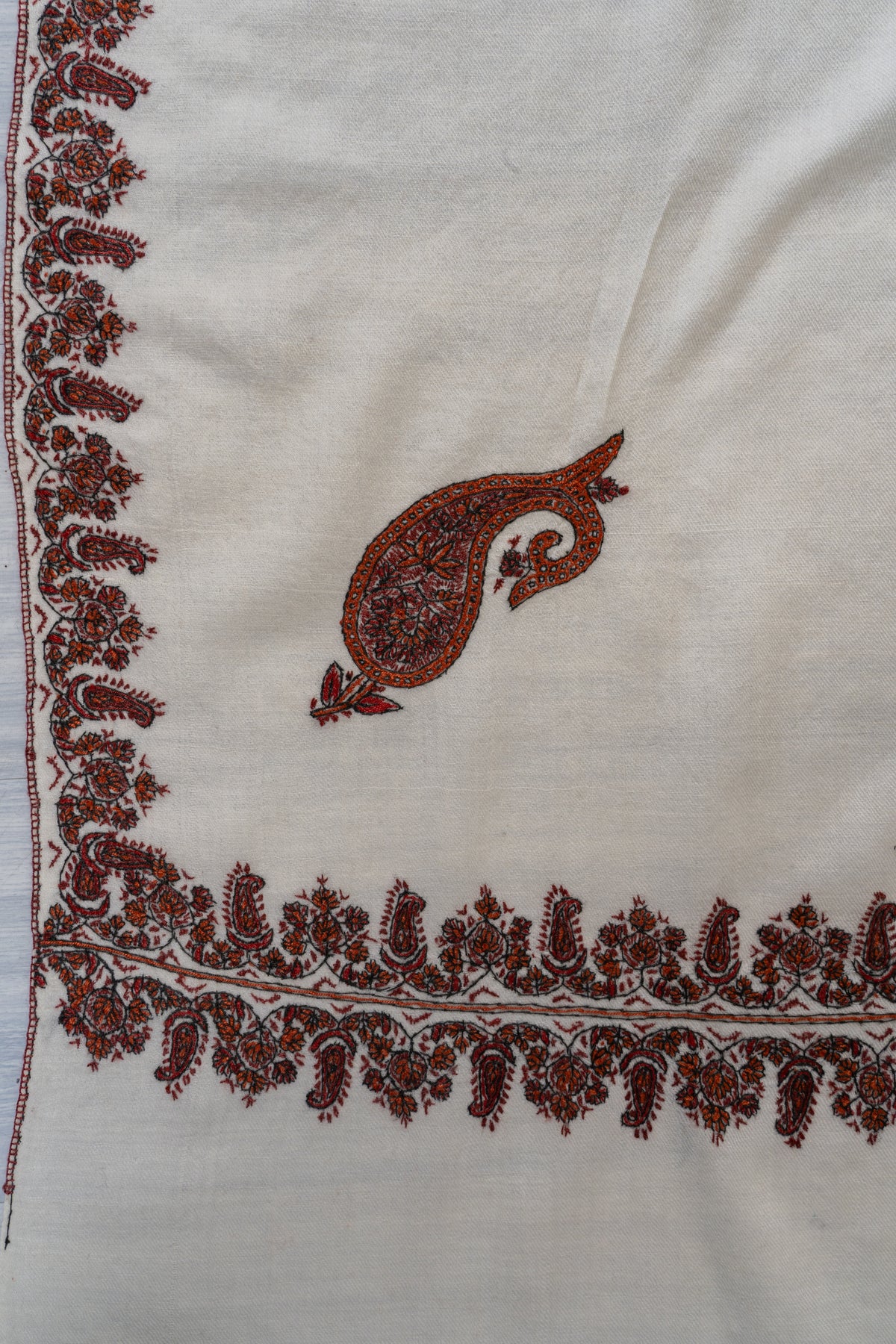 Ivory Whisper Merino Wool Shawl with Chestnut Brown Sozni Hand Embroidered Borders